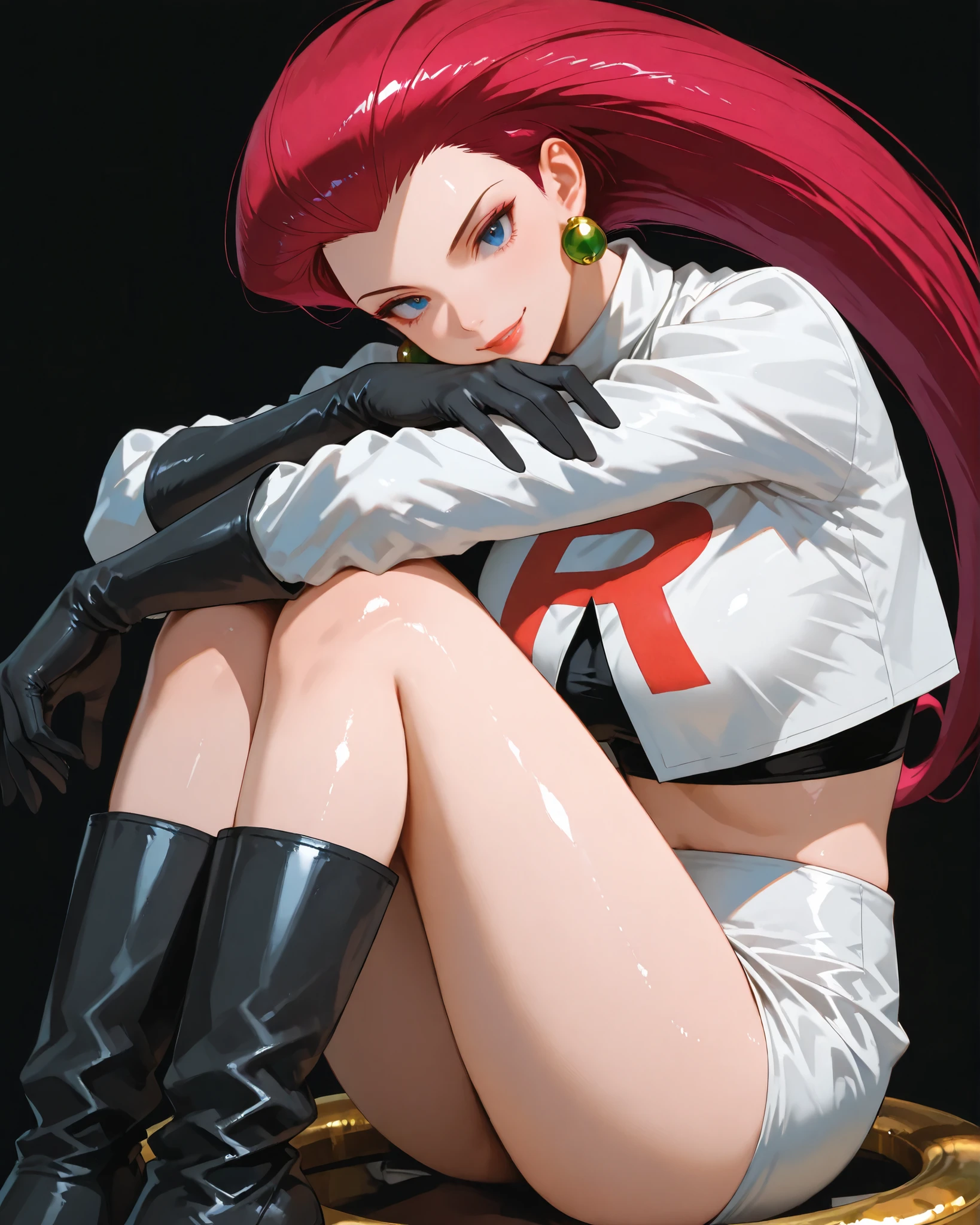 closeup, Sluisap, eyes、usnr、GBF_style、748cmstyle、32K、Semi-realistic、 super detailed description 、Artwork、Original Works、 detailed color、 detailed eyes、 detailed lips 、 The Greatest Masterpiece、Professional work、normal breast, Pokemon Character , Jessie, Jessie, (Jessie cosplay :1.3) sexy , cowboy shot, shiny body, full frame, full length, ( perfect fingers:1.3) , shiny body, perfect fingers:1.3, seductive pose , black background , dark background , wearing White cropped top with a large red “R” (Team Rocket logo), High-waisted white mini skirt, Long black gloves and thigh-high black boots, Black undershirt or midriff cover, Gold hoop earrings, smile, sitting, two knees up, resting her head on arms