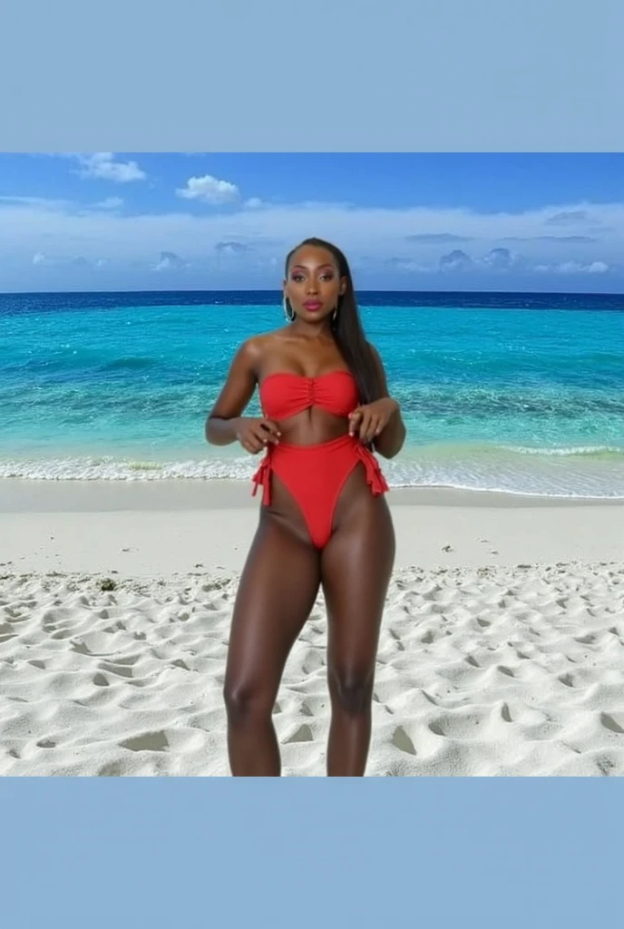 a dominant, seductive caribbean woman, tropical swimwear, red thongs, big butt, tattoos, side view, smiling, photorealistic, 8k, high quality, highly detailed, cinematic lighting, vibrant colors, sensual, erotic, alluring