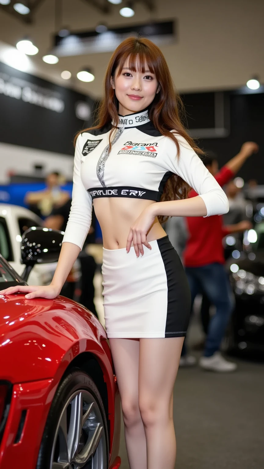 (8K, Ultra-high resolution, Highest quality, Tabletop:1.2),(18-year-old:1.2)、Race Queen、（motor Show）、fellow、Racing Car、Long legs、(Insincere laughter)、(avert your eyes)、8K、Japanese girl&#39;s life々Beautiful portrait、Photorealistic、Ultra-high resolution、Highest quality、 (Big Breasts:1.5, Cleavage:1.8),(High leg)、Earrings、(((Vinyl Mini Skirt Costume)))、(Laotex)、Shiny Costumes、(From below:1.2)、(Makuhari Messe)、(((Toyota、Nissan、Honda、ＢＭＷ，Audi、ford, wait.)))、Stand next to the car、Arms crossed、(Panty shot:1.8)、(High-end cafe:1.4) break (Natural skin texture、Detailed skin、Hyperrealism、Ultra Sharpness)、Intricate details、Depth of written boundary、Dim lighting、Korean Idol、Nogizaka Idol、Gravure idol pose、Fashion model posing