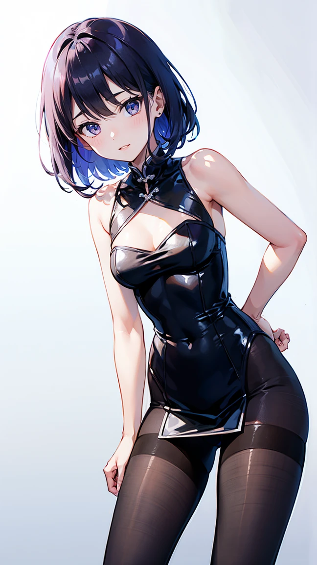 black hair, short-cut, girl, mesh dress, plain background, ultra-high picture quality, 8k, studio lighting