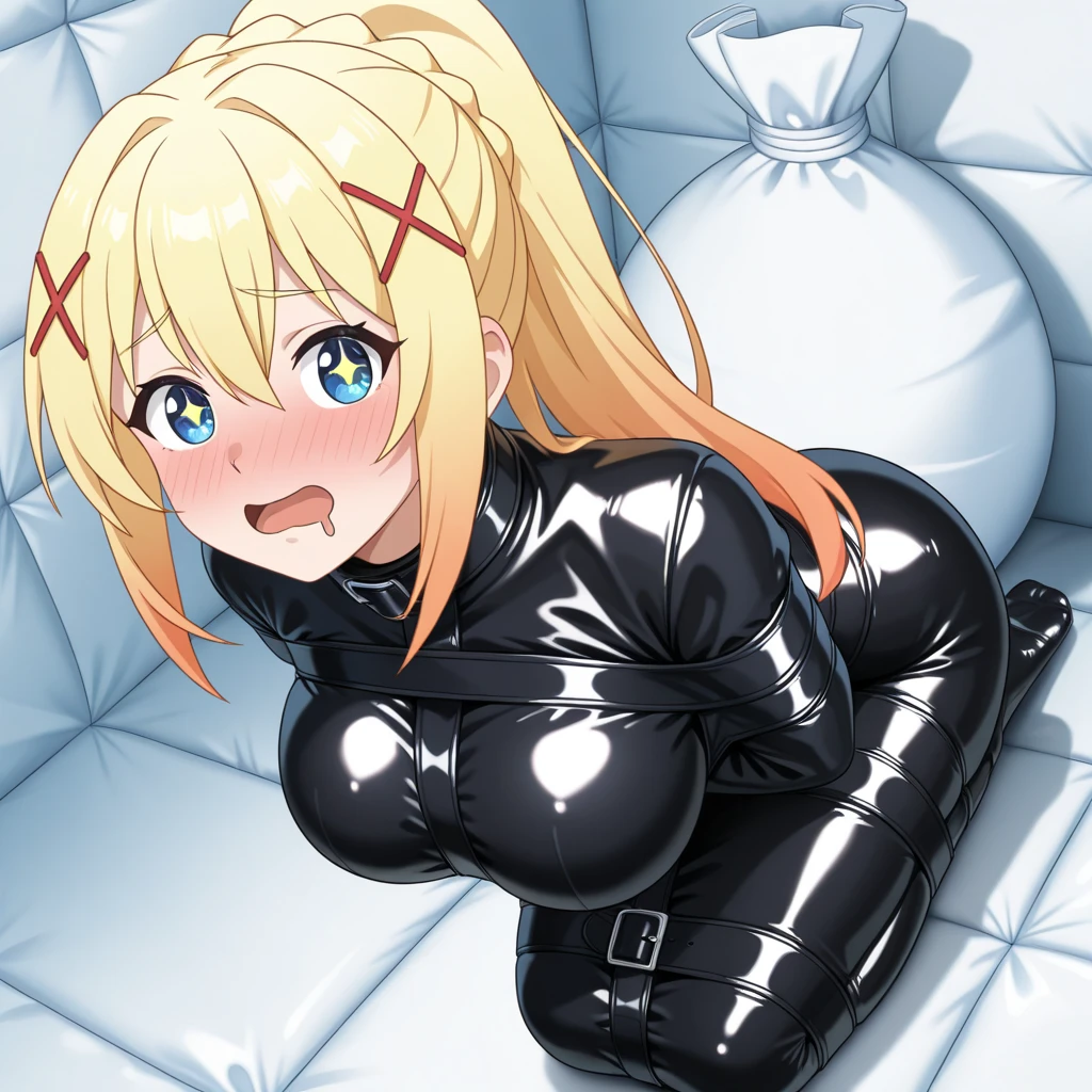 (cute eyes:1.2), (sparkling eyes:1.2), highest quality,wonderful,finely,extremely detailed CG Unity 8K wallpaper, ,,(full bodysuit:1.5),latex, (shiny clothes:1.2),(torture chamber, prison:1.5), bdsm, bed,bondage, bound,(arms up:1.3), bound arms, bound legs, bound wrists, breast bondage, (spread legs,frogtie,bound thighs:1.5), (lying, on back:1.5),cowboy shot, (angry:0.9),(frown:1.4), (embarrassed,blush:1.3)