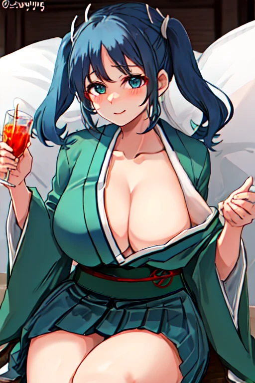 (Masterpiece: 1.5), (Best Quality: 1.5), High Resolution, High Detail, anime animation, 1woman, mature, (wavy cyan hair), forehead, long ponytail, red eyes, grin, E cup breasts, (green kimono), posing, grass field