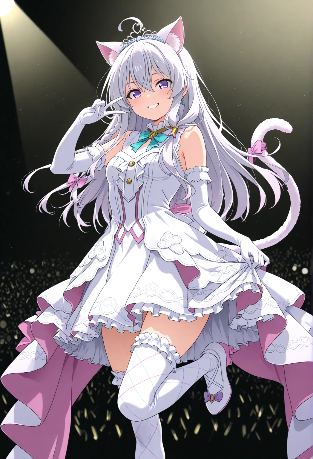 (masterpiece,best quality,CG,wallpaper,HDR,high quality,high-definition),(an extremely delicate and beautiful),(highly detailed eyes,extremely delicate and beautiful face),incredibly detailed,Perfect female body,elegant,noble,1 girl,(full body:1.4),large breasts,(white leather high heel thigh boots,white elbow gloves:1.4),garter straps, skirt,white thighhighs,(white background:1.3),/./././,no makeup,serious,expressionless,emilia (re:zero), bangs, hair ornament, purple eyes, flower, hair flower, ribbon, hair ribbon, x hair ornament, breasts, open mouth, medium breasts, purple ribbon, cleavage, white flower, smile, braid, detached sleeves, petals, very long hair, dress, grey hair, crown braid, pointy ears, wide sleeves, frills, white hair, bare shoulders, skirt, blunt bangs, pleated skirt, white background,