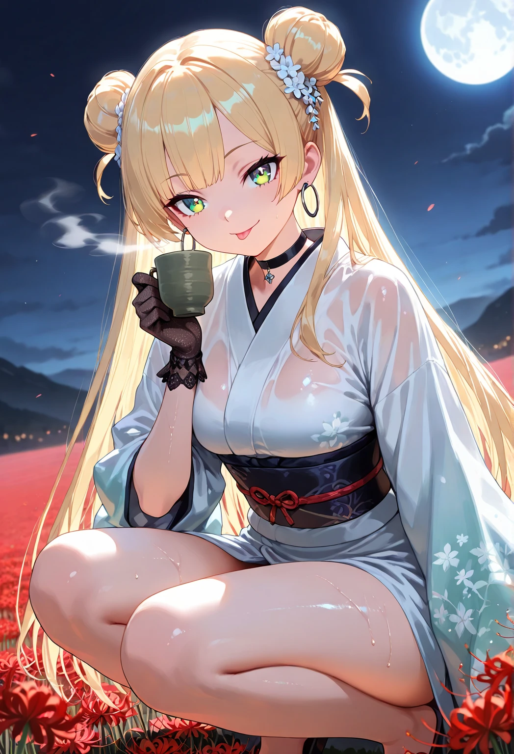 Beautiful girl, (blond topknot, forehead), (red eyeshadow and red lip), long eyelashes, parted lips, (beautiful slit eyes, sideways glance), (evil smile:1.3), BREAK, (ganguro, japanese-gyaru, dark skin:1.5), sitting, From side, From above, Drinking, (holding large sake cup:1.2), BREAK, (Luxury red and black off-shoulder‐long‐kimono:2.0), hairpin, nail polish, (cleavage, long sagging breasts:1.6), BREAK, (Japanese garden with flowers and cherry blossoms in full bloom, cherry blossoms, cherry blossom blizzard), professional lighting, best quality, masterpiece, ultra detailed, captures a super cute moment, depth of field, ultra high resolution, fine details, 16k wallpaper,dark skin,
