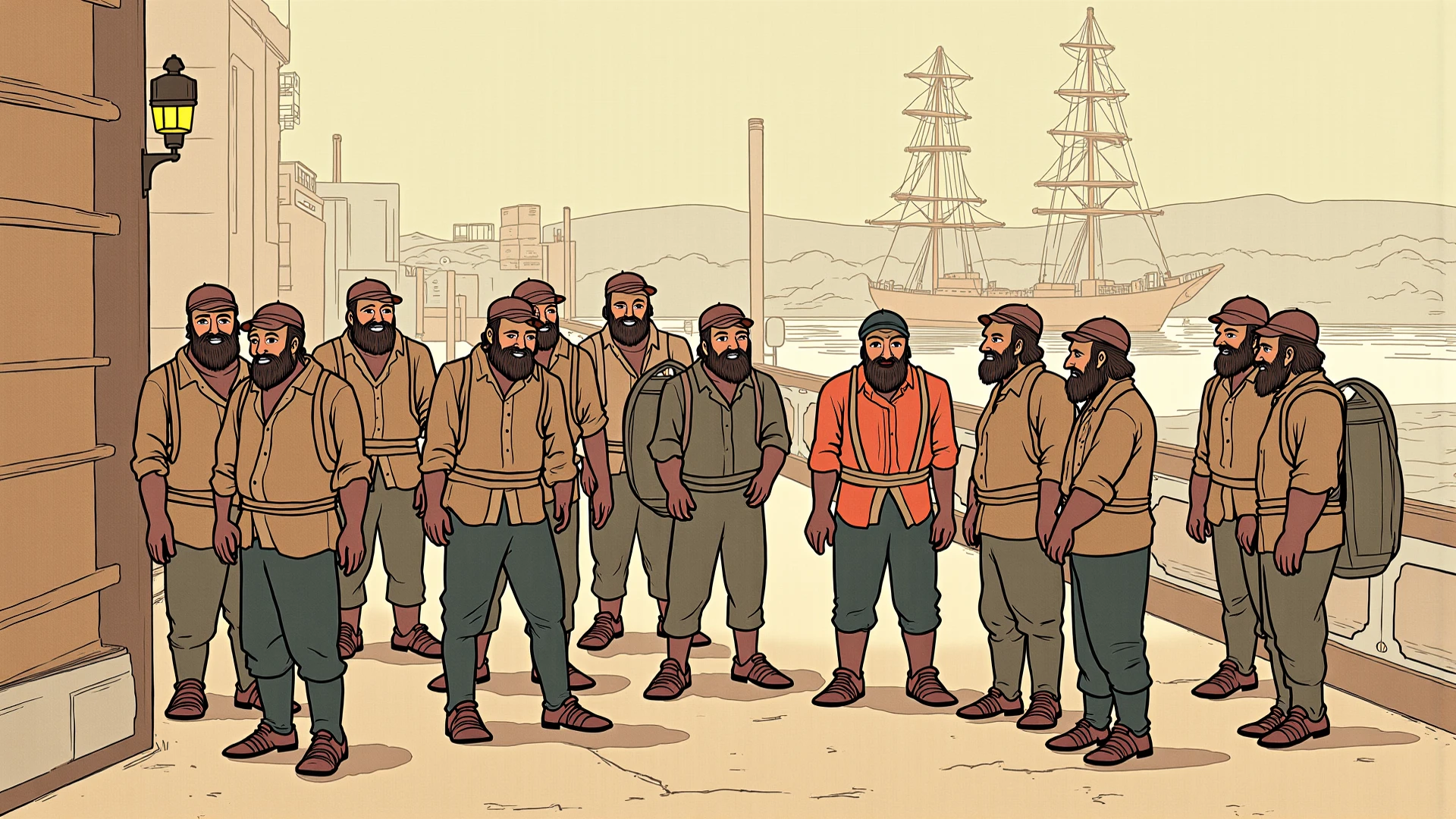 Five strong, hairy, muscular, bearded mixed-race men standing in their underwear with their hands raised behind their heads being searched by two police officers in a fenced-in lot with a white wall, Sandy ground, a big tree in the background. Two boys sitting on the wall watching.