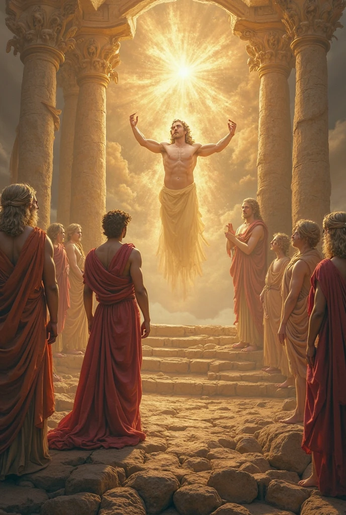 a painting of a group of men sitting around a table, epic biblical depiction, epic scene of zeus, apotheosis, greek gods, as an offering to zeus, the god zeus, heavenly rapture, greek myth digital painting, furious god zeus, divine realm of gods, mythology artwork, epic clouds and godlike lighting, biblical painting, omnious background