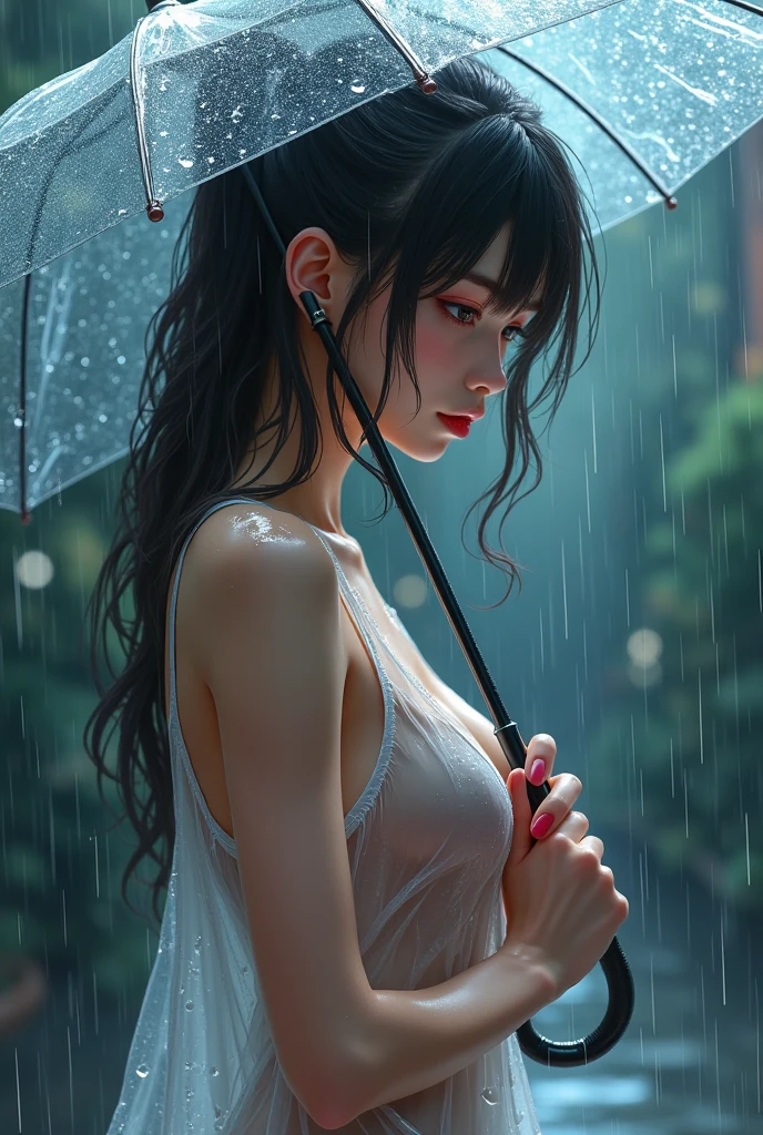 a beautiful girl crying in the countryside road, rainy, trees around the road, standing, wet shirt, long hair, black hair, ((small breasts))