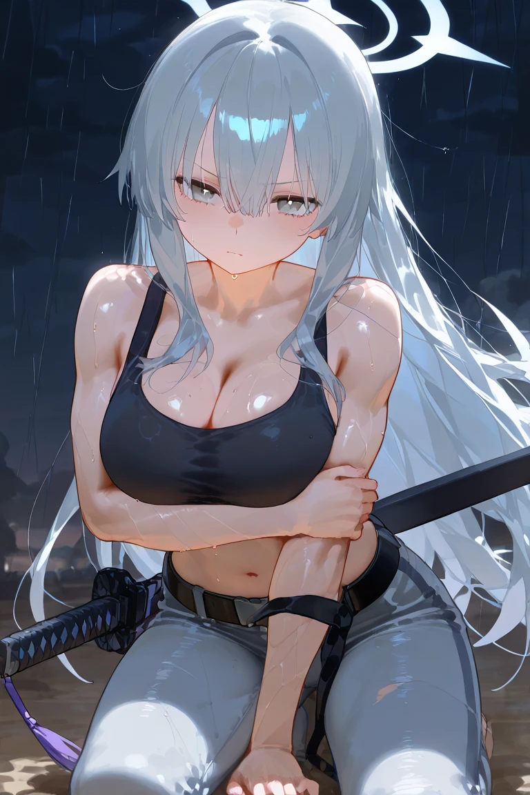 masterpiece, best quality,anime style, 1 girl,(((slender body))), (((small breast))),(((hot pants, blue tanktop,red tie))),(((((a gorilla man grabbing the girl))))), ((((restrained, arms behind back)))),((((cum)))), (beautiful face), (((short hair))), (((straight hair))), ((((silver hair)))),detailed beautiful skin, (perfect hands, perfect anatomy)