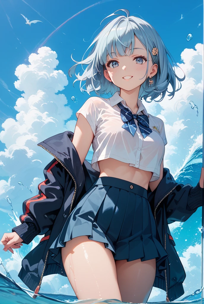 one girl、blush、embarrassed look、perfect anatomy、short bob、small breasts、(((White student sailor suit、Dark navy blue student pleated mini skirt、black knee socks)))、((hair tousled by the wind、messy hair、Broken hairstyle))、(((The wind flips my skirt:1.3、white panties、cute ass)))、focus on the butt、professional lighting, film grain, chromatic aberration, (Eye and face details:1.0), (Bokeh:1.1)、software:1.5)))、 highest quality, 8K, 20talent