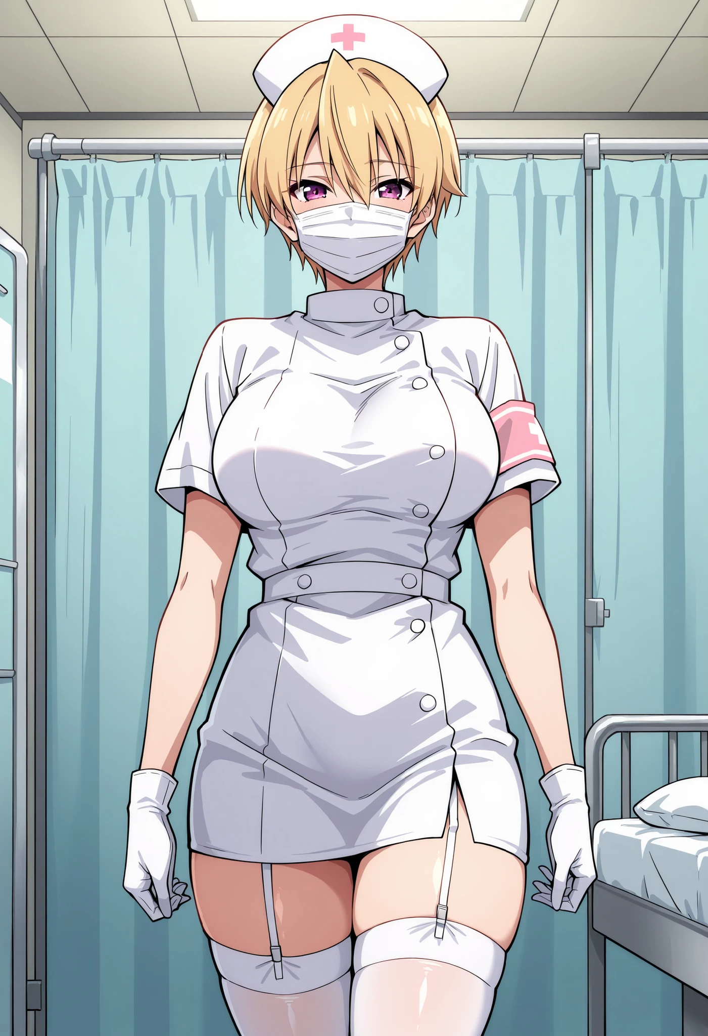 Score_9, score_8_up, score_7_up, source_anime, Haruki Azuma, solo, short hair, blonde hair, shiny hair, hair between eyes, bangs, purple eyes, large breasts, (best quality), (high quality), {masterpiece}, extremely delicate and beautiful, ultra-detailed, beautiful detailed eyes, nurse, nurse hat, ((white nurse's outfit)), white gloves, white thighhighs, hospital room, ((white mask, mouth mask, covered nose)), standing