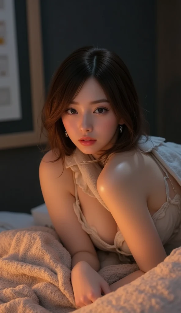 beautiful young woman in sexy black pajamas, laying on bed, sensual pose, detailed face, beautiful detailed eyes, beautiful detailed lips, extremely detailed eyes and face, (best quality,4k,8k,highres,masterpiece:1.2),ultra-detailed,(realistic,photorealistic,photo-realistic:1.37),HDR,studio lighting,extreme detail description,professional,vivid colors,soft warm lighting,moody lighting,dramatic lighting,(( long shot:1.5)), (dark bedroom interior, minimal lighting)
