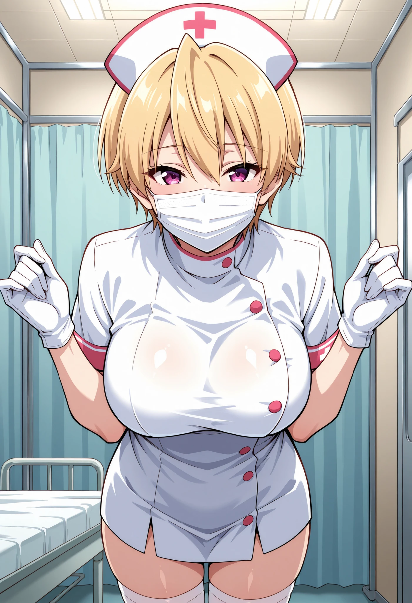 Score_9, score_8_up, score_7_up, source_anime, Haruki Azuma, solo, short hair, blonde hair, shiny hair, hair between eyes, bangs, purple eyes, large breasts, (best quality), (high quality), {masterpiece}, extremely delicate and beautiful, ultra-detailed, beautiful detailed eyes, nurse, nurse hat, ((white nurse's outfit)), white gloves, white thighhighs, hospital room, ((white mask, mouth mask, covered nose)), standing