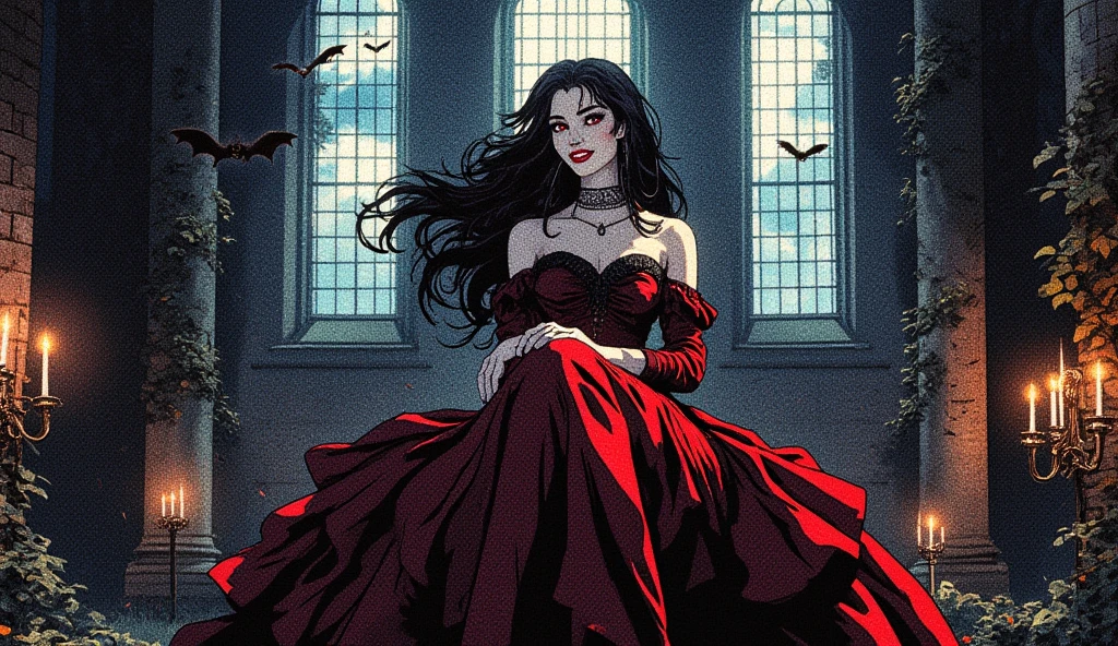 hungry vampire girl, bloody teeth and lips, Italian castle, full moon, Warren Publishing style, vintage horror comics aesthetic, vivid lurid colors, Frank Frazetta, Moebius, Bernie Wrightson, stark contrast, bold lines, detailed, intricate, HD, 8x, add text, blurbs, BLOOD SUCKING LESBOS