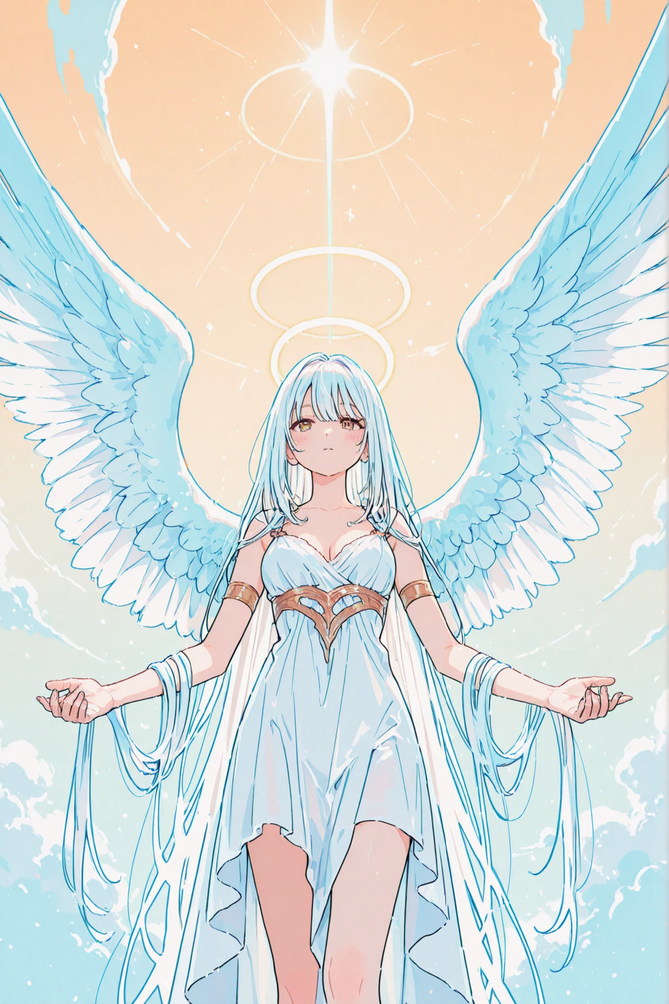 female angel with long white hair and long wings descending from the sky with her arms outstretched, front view