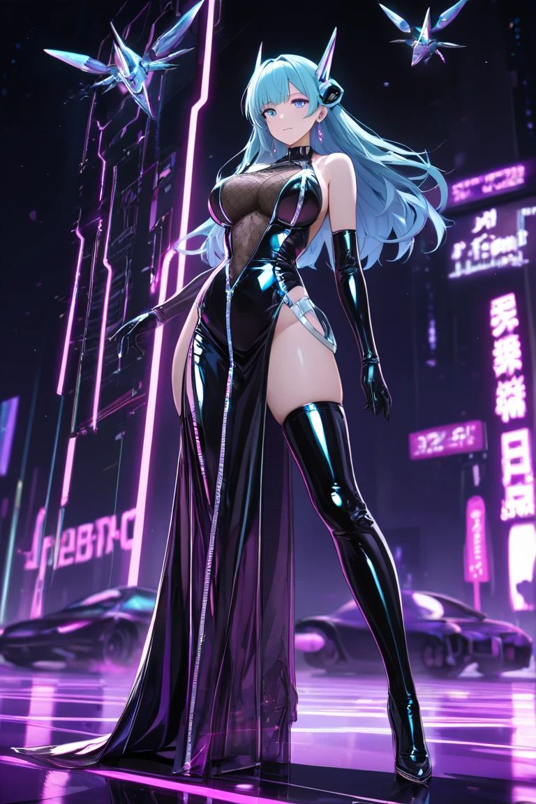 light blue hair, long hair, yellow eyes, black dress, collarbone, bare back, big boobs, inside a building, high heels black shoes, inside of building, looking at camera, close up camera, standing, holding a handbag