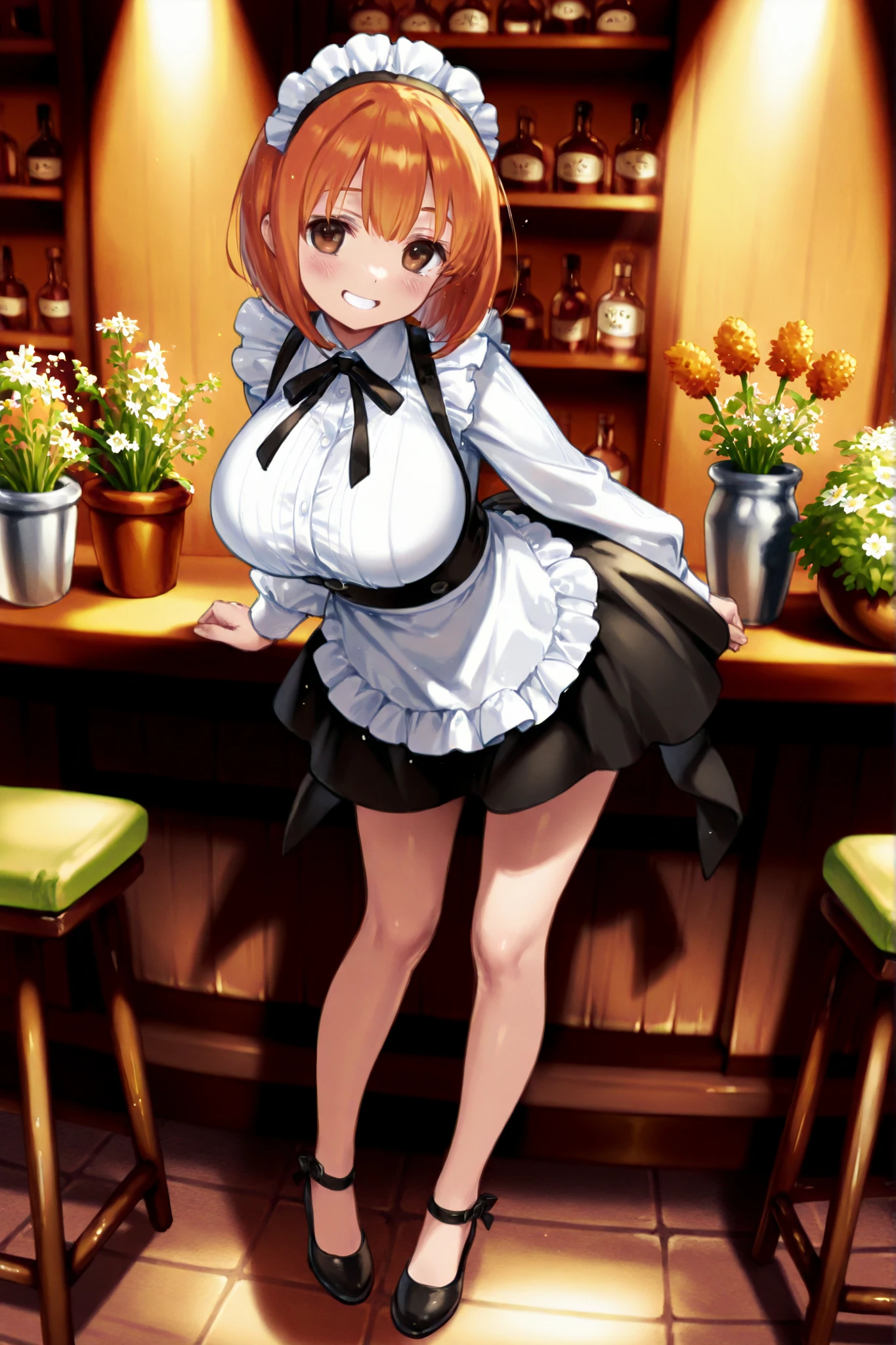 orange bob hair、brown eyes without goods、petite、young、Big Breasts、Full Body、One person、Smiling、かわいいFloristの店員、Florist、across the counter、front、high quality、4K、8K、high resolution、masterpiece、Super Detailed、Studio Lighting、extreme detail、professional、vivid colors、