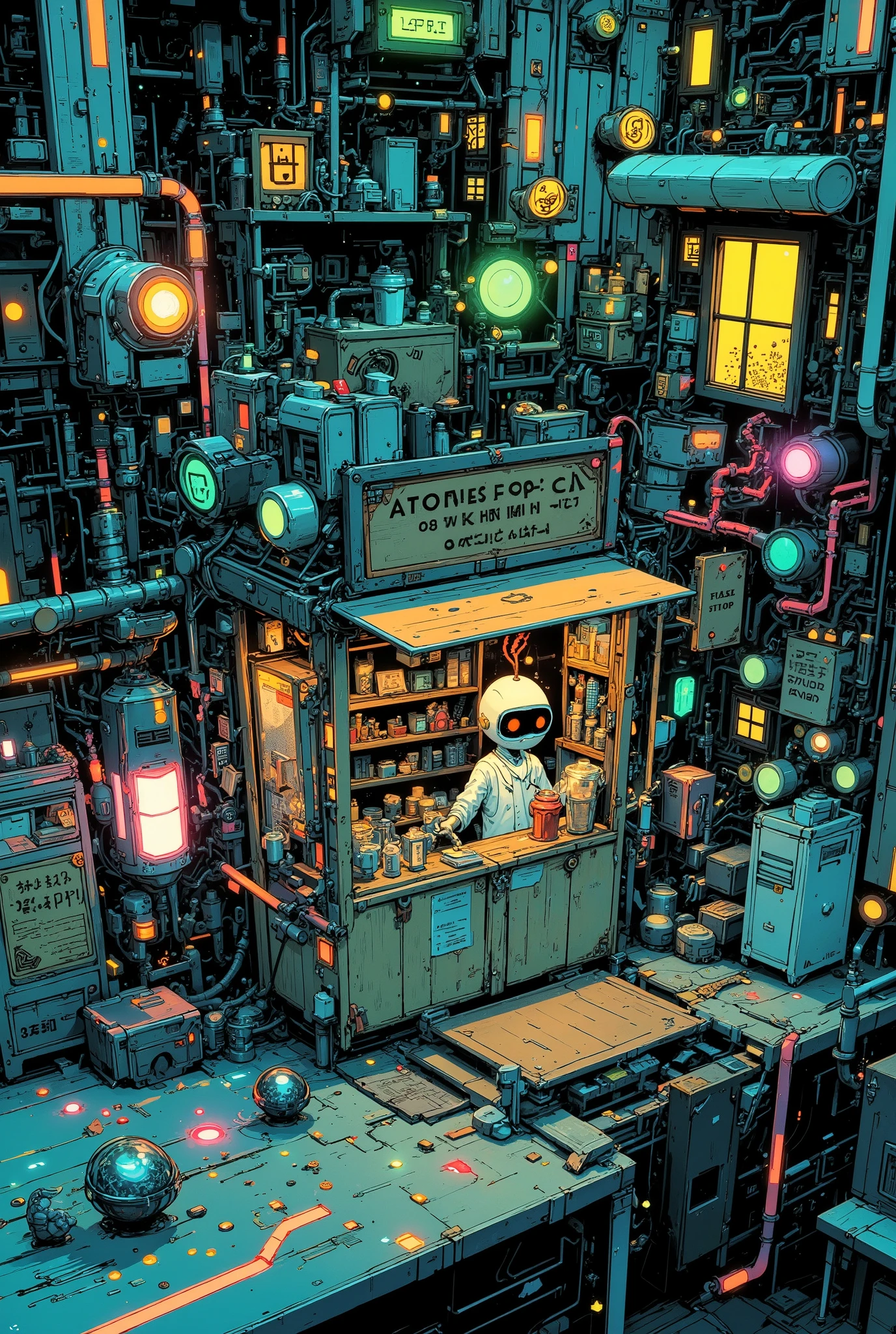 anime-style illustration of a surreal miniature shop standing directly on top of an intricate electronic circuit board, with glowing pathways and microchips stretching into the distance like a neon cityscape

the tiny shop is styled like a Japanese science-themed market stall, with wooden signs that say “Atoms for Sale” and “Fresh Electrons Daily!”, shelves lined with glowing particles in jars, and a chalkboard advertising “Anti-matter half off (handle with care)”

a miniature humanoid shopkeeper wearing goggles and a lab coat stands confidently behind the counter, using tweezers to hand over a glowing electron to a strange customer — a tiny robot insect, perhaps

surrounding the shop, data pulses through glowing copper traces like electric rivers, while ambient blue and green light reflect off the metallic surface, creating a sci-fi yet grounded feel

highly detailed anime-style, soft glowing elements, surreal micro-world atmosphere, cinematic lighting, trending on ArtStation, best quality, aidmamj6.1