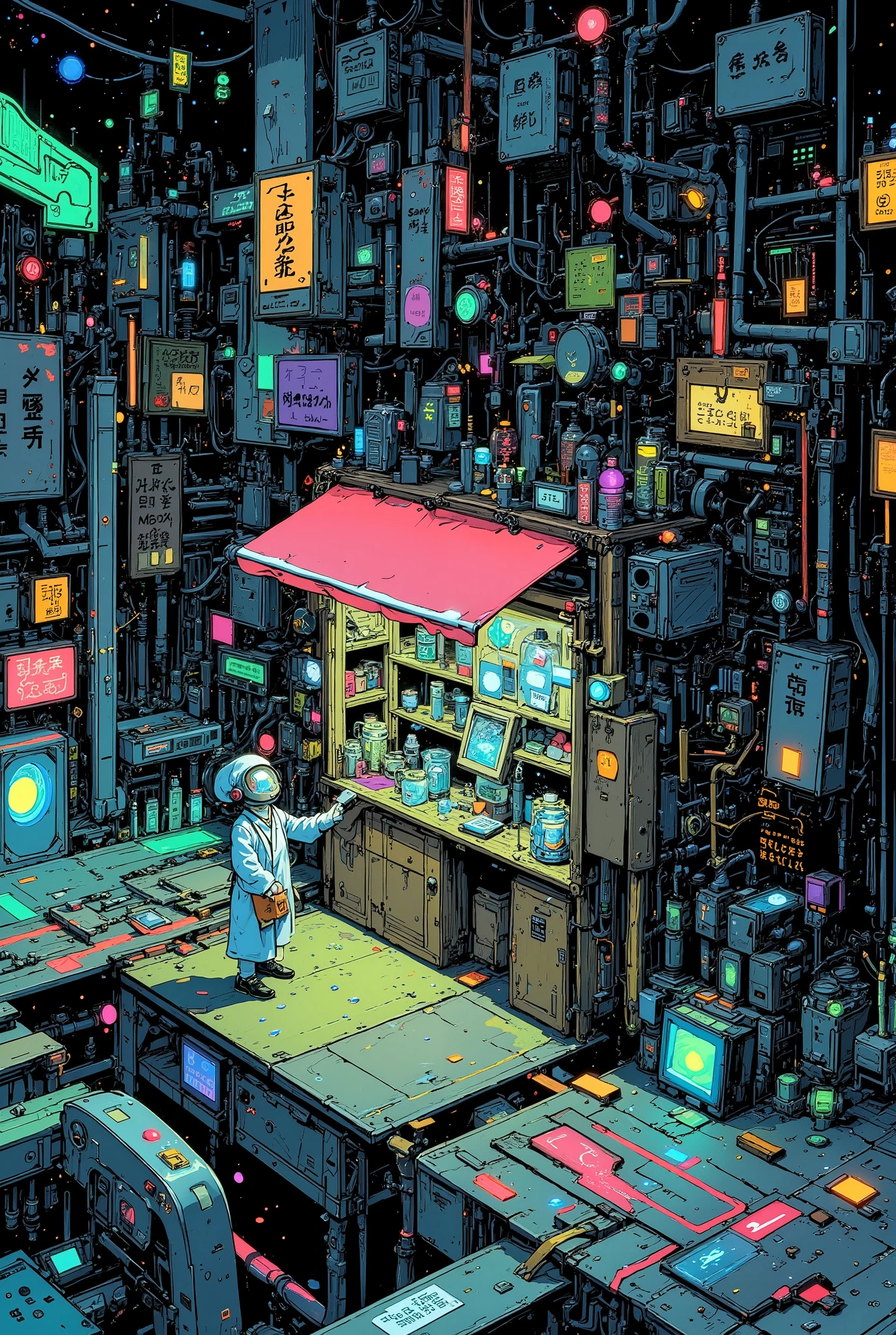 anime-style illustration of a surreal miniature shop standing directly on top of an intricate electronic circuit board, with glowing pathways and microchips stretching into the distance like a neon cityscape

the tiny shop is styled like a Japanese science-themed market stall, with wooden signs that say “Atoms for Sale” and “Fresh Electrons Daily!”, shelves lined with glowing particles in jars, and a chalkboard advertising “Anti-matter half off (handle with care)”

a miniature humanoid shopkeeper wearing goggles and a lab coat stands confidently behind the counter, using tweezers to hand over a glowing electron to a strange customer — a tiny robot insect, perhaps

surrounding the shop, data pulses through glowing copper traces like electric rivers, while ambient blue and green light reflect off the metallic surface, creating a sci-fi yet grounded feel

highly detailed anime-style, soft glowing elements, surreal micro-world atmosphere, cinematic lighting, trending on ArtStation, best quality, aidmamj6.1