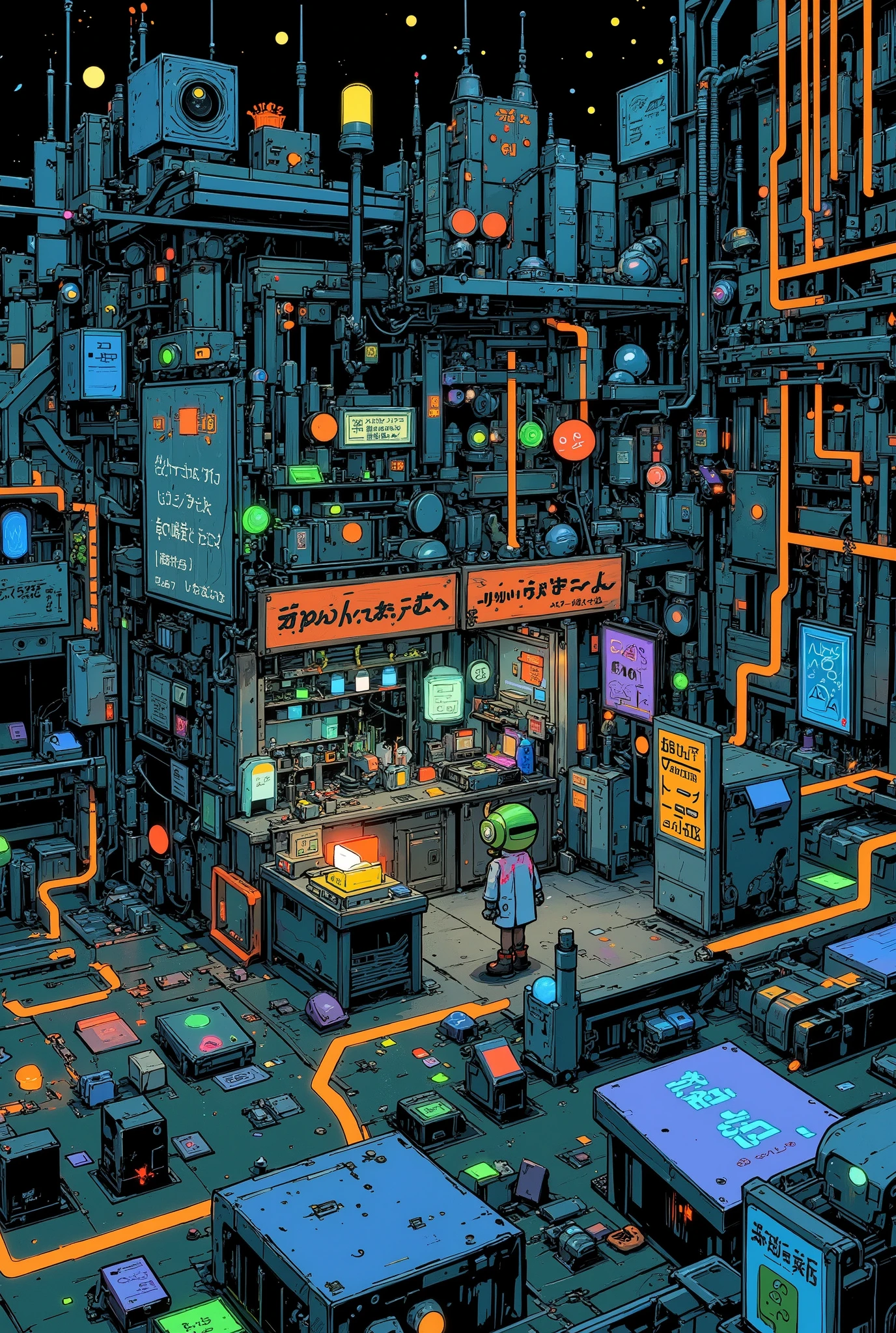 anime-style illustration of a surreal miniature shop standing directly on top of an intricate electronic circuit board, with glowing pathways and microchips stretching into the distance like a neon cityscape

the tiny shop is styled like a Japanese science-themed market stall, with wooden signs that say “Atoms for Sale” and “Fresh Electrons Daily!”, shelves lined with glowing particles in jars, and a chalkboard advertising “Anti-matter half off (handle with care)”

a miniature humanoid shopkeeper wearing goggles and a lab coat stands confidently behind the counter, using tweezers to hand over a glowing electron to a strange customer — a tiny robot insect, perhaps

surrounding the shop, data pulses through glowing copper traces like electric rivers, while ambient blue and green light reflect off the metallic surface, creating a sci-fi yet grounded feel

highly detailed anime-style, soft glowing elements, surreal micro-world atmosphere, cinematic lighting, trending on ArtStation, best quality, aidmamj6.1