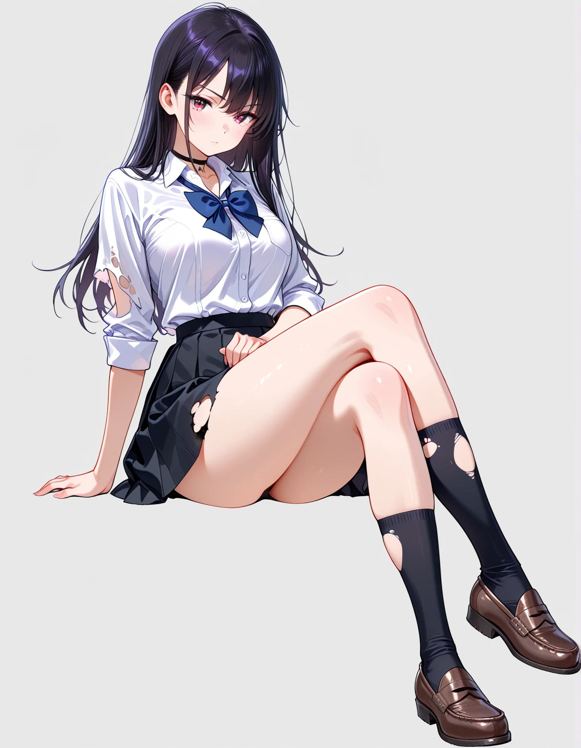 1 girl as yukino yukinoshita, absurdres,  highres, solo, school uniform, big breasts, waist long black hair, (twintails:0.5), miniskirt, black thighhigh socks, loose red ribbon, unbuttoned white shirt, ahegao, (rolling eyes:1.5)