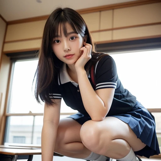 (RAW Photos, Highest quality), (Realistic, Realistic:1.3), masterpiece, Very delicate and beautiful, ((Soft Light)), ((Black-haired, , Bob, short hair, semi-long, Hairside lock)), Beautiful detailed girl, (Detailed fingers), Highly detailed eyes and face, Beautiful and detailed nose, Beautiful attention to detail, 1 girl, (Underarm, Under the glossy Underarm), (Japanese junior high school girls, 18-year-old), Pure beauty, cute, young, ((small, skinny, smallヒップ, Beautiful legs, skinny legs skinny knee), ((white Thighs)), (Full Body Shot:1.2, Cowboy Shot), (View your audience), ((school uniform, navy, Blue and white checked pleated skirt)), ((Sailor suit, Red tie, Blue Skirt)), (Short sleeve uniform white shirt), (((Thighs, Thighs丈, pure white))), Surreal school girl, Wearing white panties, ((From above: 0.8)), ((classroom)), (Bokeh:1.2),
