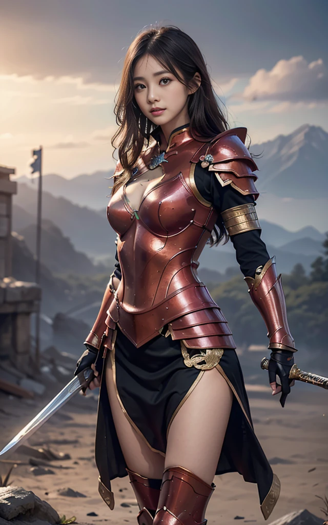 8K,Close-up of a goddess holding a sacred sword, Gorgeous large chest armor, sexy超美人(Like the real thing)Goddess of War,Slender body,Muscular Beauty,Muscular woman,Sharp Eyes,He has a big and gorgeous holy sword.,Beautiful long red hair,Strongly defined abdominal muscles,sexy,Highly detailed artwork, Alexandra Fomina Art Station, 2. 5d cgi anime Fantasy artwork, Woman in red armor, Armor Girl, Fan Art Best Art Station, Amazing character art, Kschat Krentz Key Art Feminine, Chengwei Pan at Art Station,Ultra-high resolution,Luxury Red Large Mist Chest Armor,Luxury red combat pants,gorgeous red gauntlet,Luxury red shoulder pad,luxurious red waist armor,Fantasy art,Strongly defined abdominal muscles,Slim, muscular legs,Very large breasts,Fighting Pose,Dynamic pose with sword,shout,anger,anger,
