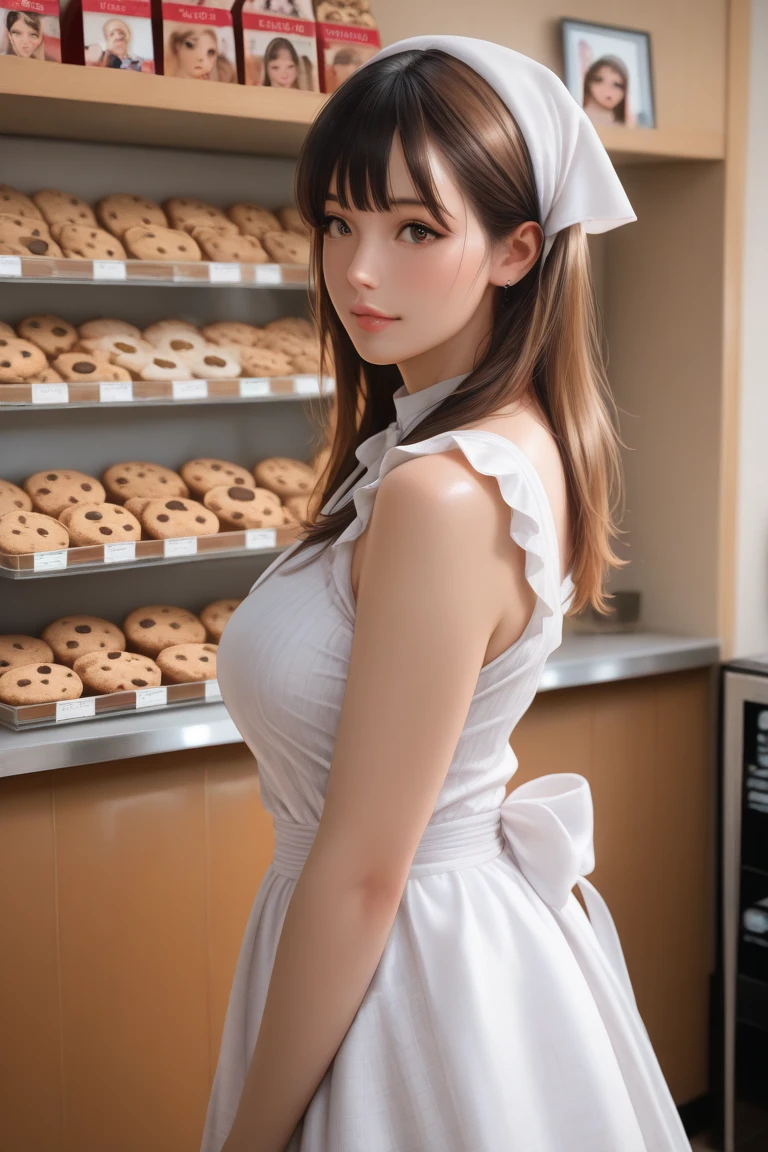 top-quality、​masterpiece、超A high resolution、(Photorealsitic:1.4)、Raw photo、女の子1人、Brown hair with bangs、drooing eyes、thin-waist、Colossal tits、Cute white dress with open breasts、Inside the  shop、slim figure、Light smile with visible teeth