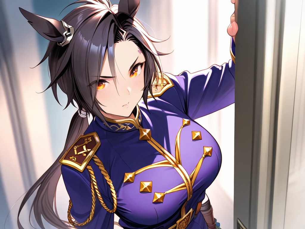 verxina, hair ornament, horse ears, horse tail, (makeup:1.2), (military uniform), (epaulette), belt, spike, chain, thigh strap, black thigh boots, layered skirt, corruption, empty eyes, half-closed eyes, evil smile, no pupils, smirk, open mouth, 1girl, milf, married woman, (dark magical girl), dark theme, dark persona, looking down BREAK masterpiece, best quality, glowing skin, mature figure, voluptuous body, shiny skin, mature women, gigantic hanging breasts, skindentation, chubby, voluptuous, thick thighs, wide hips, from the front, (chromatic aberration, intricate details), dynamic angle, 40K, HDR, highres, (sfw), safe for work, fully clothed,