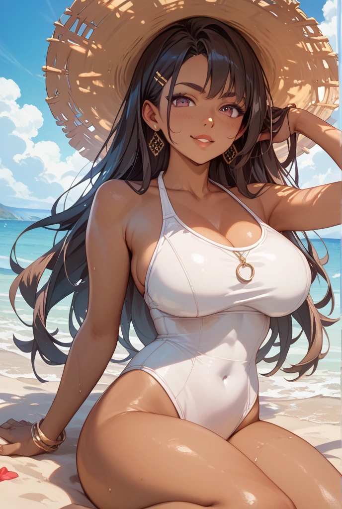 Katarina has long light auburn hair, plump lips and tanned skin. she wears a revealing light yellow cocktail dress, with a long, plunging v-neck revealing a white bikini top underneath, and light yellow open-toed high heels. She also wears a summer hat on her head. SPARKLE; GLITTER