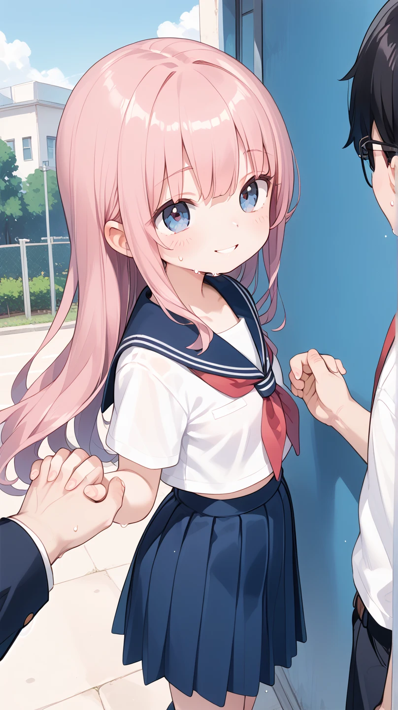A pink-haired high school girl in a sailor uniform receives a vaccination、The man grabbed his upper arm、Take the syringe and stick it into your upper arm.。.