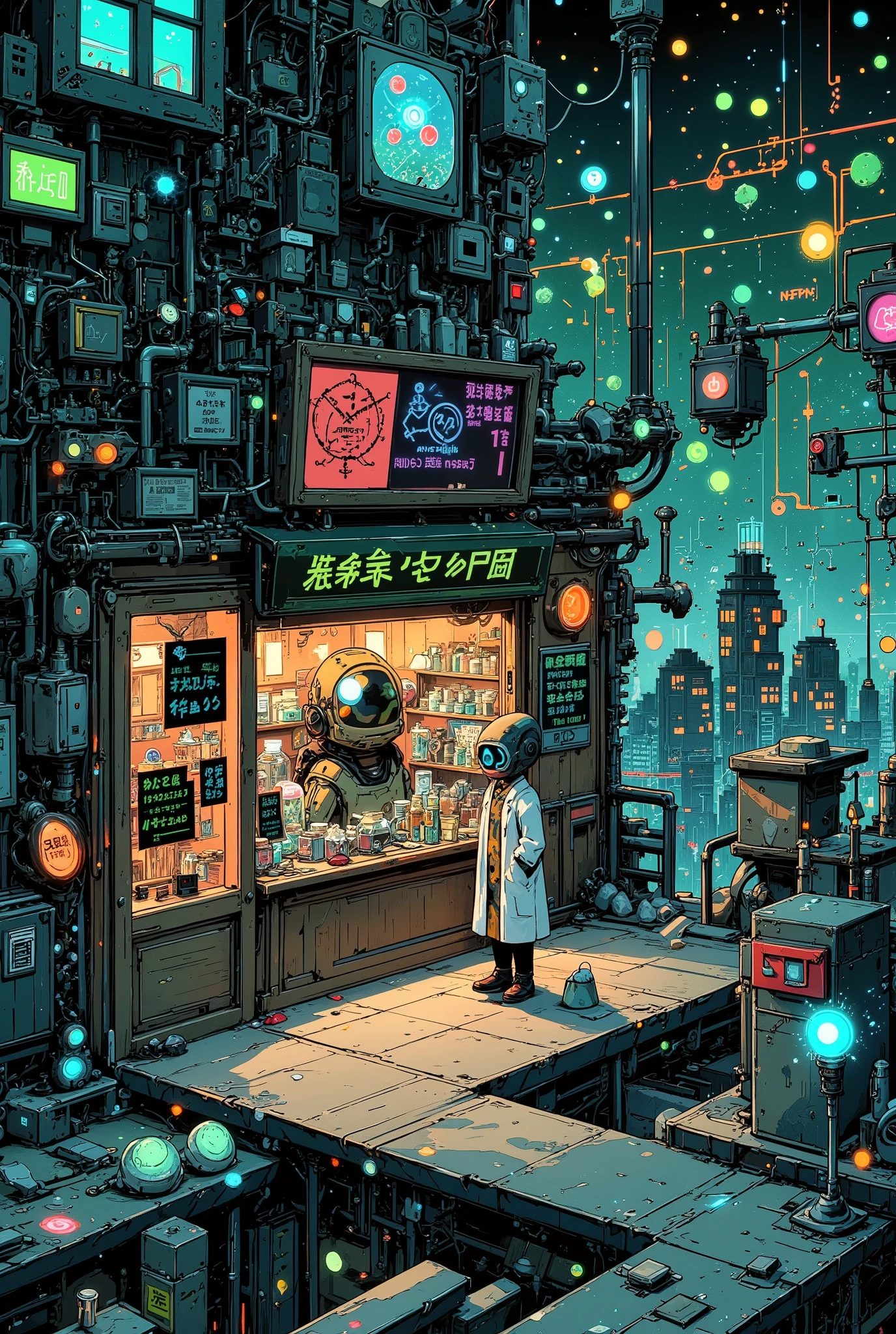 anime-style illustration of a surreal miniature shop standing directly on top of an intricate electronic circuit board, with glowing pathways and microchips stretching into the distance like a neon cityscape

the tiny shop is styled like a Japanese science-themed market stall, with wooden signs that say “Atoms for Sale” and “Fresh Electrons Daily!”, shelves lined with glowing particles in jars, and a chalkboard advertising “Anti-matter half off (handle with care)”

a miniature humanoid shopkeeper wearing goggles and a lab coat stands confidently behind the counter, using tweezers to hand over a glowing electron to a strange customer — a tiny robot insect, perhaps

surrounding the shop, data pulses through glowing copper traces like electric rivers, while ambient blue and green light reflect off the metallic surface, creating a sci-fi yet grounded feel

highly detailed anime-style, soft glowing elements, surreal micro-world atmosphere, cinematic lighting, trending on ArtStation, best quality, aidmamj6.1
