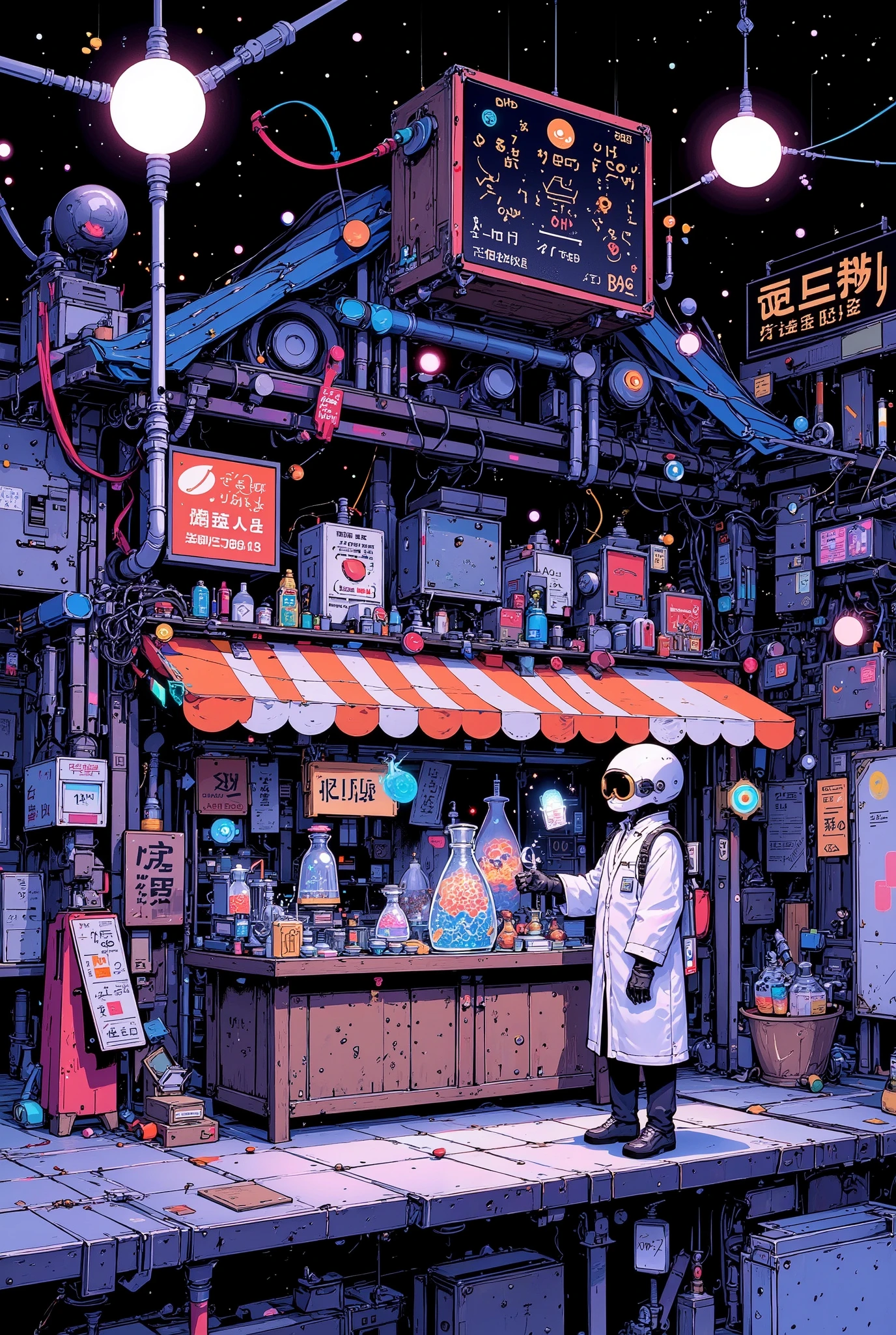 anime-style illustration of a surreal miniature shop standing directly on top of an intricate electronic circuit board, with glowing pathways and microchips stretching into the distance like a neon cityscape

the tiny shop is styled like a Japanese science-themed market stall, with wooden signs that say “Atoms for Sale” and “Fresh Electrons Daily!”, shelves lined with glowing particles in jars, and a chalkboard advertising “Anti-matter half off (handle with care)”

a miniature humanoid shopkeeper wearing goggles and a lab coat stands confidently behind the counter, using tweezers to hand over a glowing electron to a strange customer — a tiny robot insect, perhaps

surrounding the shop, data pulses through glowing copper traces like electric rivers, while ambient blue and green light reflect off the metallic surface, creating a sci-fi yet grounded feel

highly detailed anime-style, soft glowing elements, surreal micro-world atmosphere, cinematic lighting, trending on ArtStation, best quality, aidmamj6.1