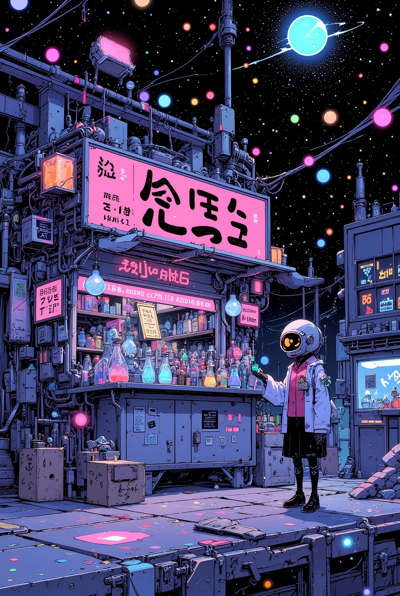 anime-style illustration of a surreal miniature shop standing directly on top of an intricate electronic circuit board, with glowing pathways and microchips stretching into the distance like a neon cityscape

the tiny shop is styled like a Japanese science-themed market stall, with wooden signs that say “Atoms for Sale” and “Fresh Electrons Daily!”, shelves lined with glowing particles in jars, and a chalkboard advertising “Anti-matter half off (handle with care)”

a miniature humanoid shopkeeper wearing goggles and a lab coat stands confidently behind the counter, using tweezers to hand over a glowing electron to a strange customer — a tiny robot insect, perhaps

surrounding the shop, data pulses through glowing copper traces like electric rivers, while ambient blue and green light reflect off the metallic surface, creating a sci-fi yet grounded feel

highly detailed anime-style, soft glowing elements, surreal micro-world atmosphere, cinematic lighting, trending on ArtStation, best quality, aidmamj6.1
