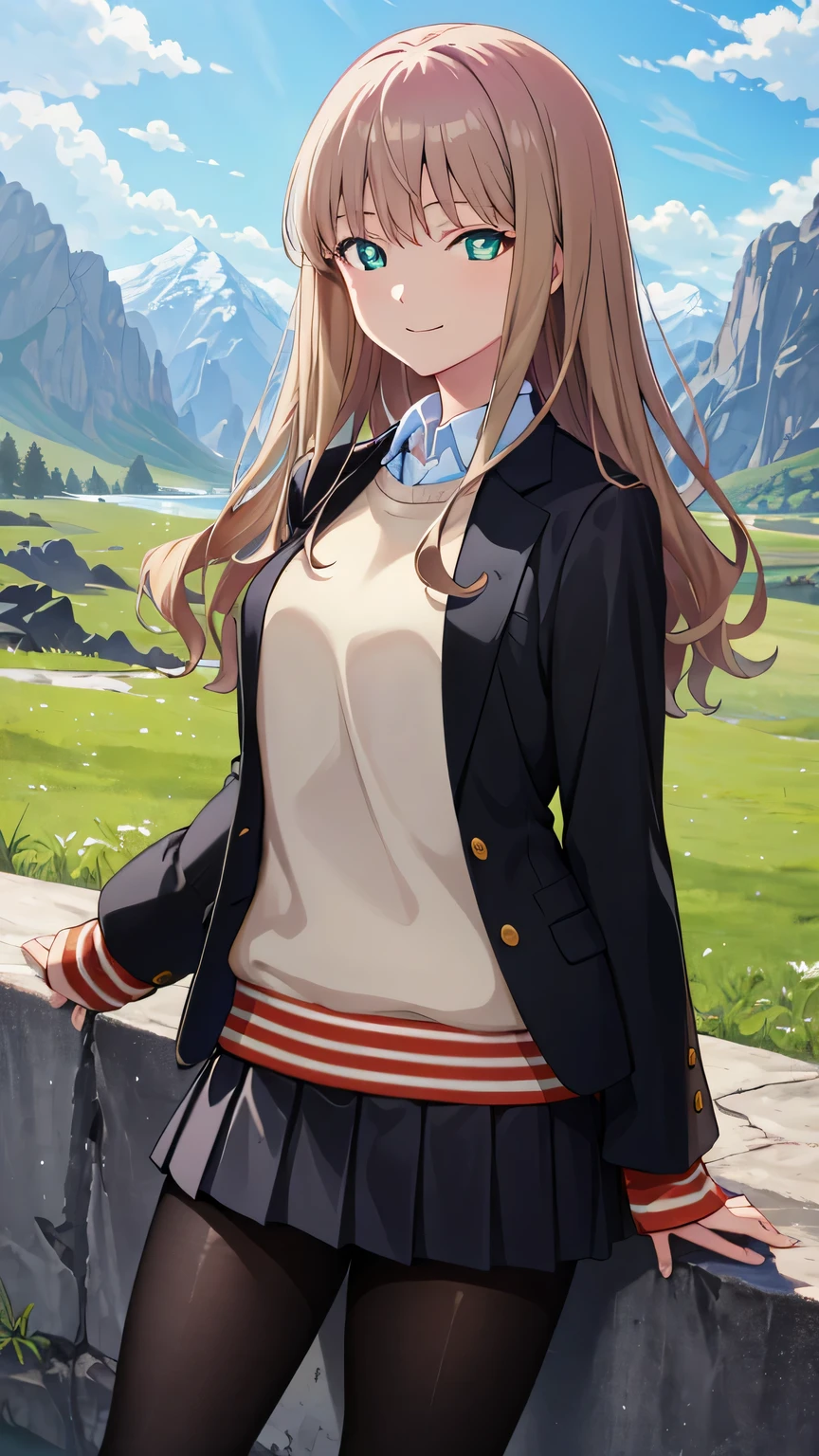 {{{masterpiece}}}, (best quality:1.5), (ultra-detailed:1.5), {illustration}, {{an extremely delicate and beautiful}}, (beautiful detailed eyes:1.6), absurdres, highres, extremely detailed face, 16k, hd, visual anime de uma jovem mulher, extremamente bonito rosto de anime, anime melhor garota, (perfect hands, perfect anatomy), anime face, Yume Minami(SSSS. Dynazenon), cute face, 1girl, solo, brown hair, long hair, bangs, sidelocks, (green eyes:1.2), (High resolution eyes, Beautiful eyes, Light in the eyes), medium breasts, big hips, curvaceous, plump thighs, BREAK, {MinamiSchoolUniform}, black jacket, open jacket, long sleeve, white shirt, collared shirt, white collar, crew neck sweater, (cream sweater:1.2), sleeves past wrists, black skirt, mini skirt, pleated skirt, (black pantyhose:1.4), BREAK, cute face, smiling, standing, outdoor, daytime, solar, rock, mountain, forest, desert, sky, lake, look the sky, look up, (bust shot:1.3), from side, from below