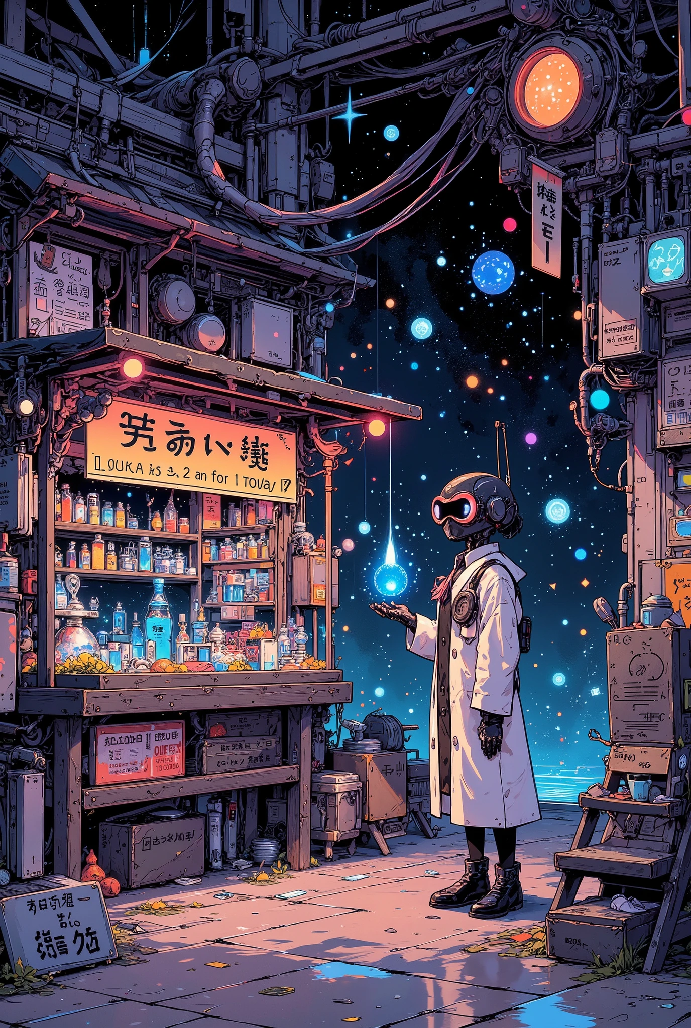 anime-style illustration of a surreal miniature shop standing directly on top of an intricate electronic circuit board, with glowing pathways and microchips stretching into the distance like a neon cityscape

the tiny shop is styled like a Japanese science-themed market stall, with wooden signs that say “Atoms for Sale” and “Fresh Electrons Daily!”, shelves lined with glowing particles in jars, and a chalkboard advertising “Anti-matter half off (handle with care)”

a miniature humanoid shopkeeper wearing goggles and a lab coat stands confidently behind the counter, using tweezers to hand over a glowing electron to a strange customer — a tiny robot insect, perhaps

surrounding the shop, data pulses through glowing copper traces like electric rivers, while ambient blue and green light reflect off the metallic surface, creating a sci-fi yet grounded feel

highly detailed anime-style, soft glowing elements, surreal micro-world atmosphere, cinematic lighting, trending on ArtStation, best quality, aidmamj6.1