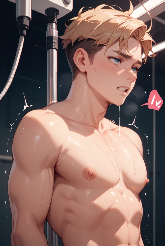 ultra-detailed, masterpiece, best quality, highres, extremely detailed, nsfw, (solo shoot:1.5), (1boy:1.5), man, (lean guy:1.5), short hair, work clothes, open shirt, bottomless, torn clothes, drunk, (restrained:1.5), shackles, handcuffs, bondage, (excessive cum on body:1.5), train interior