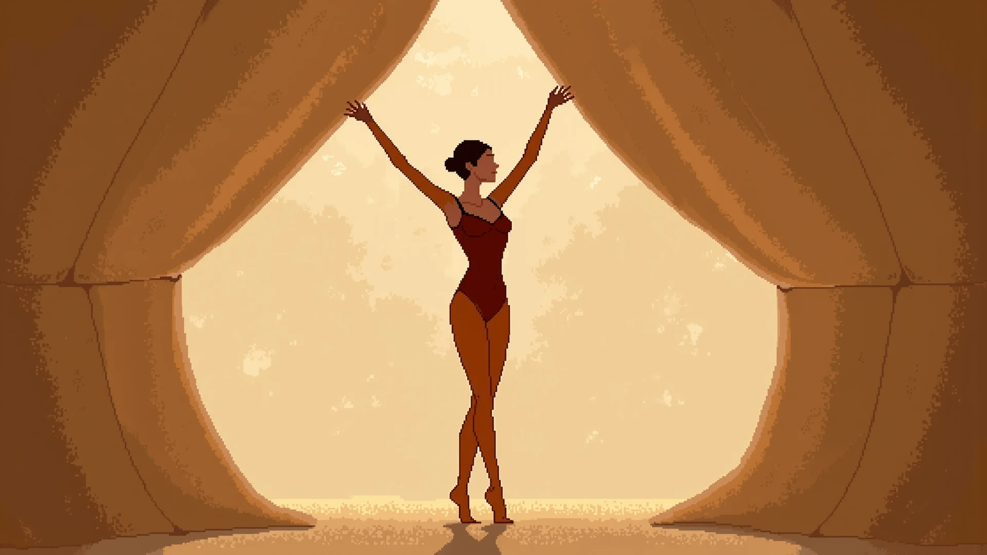 anime Illustration of a ballerina, pose with raised arms and legs, shot from below, exposed thighs.