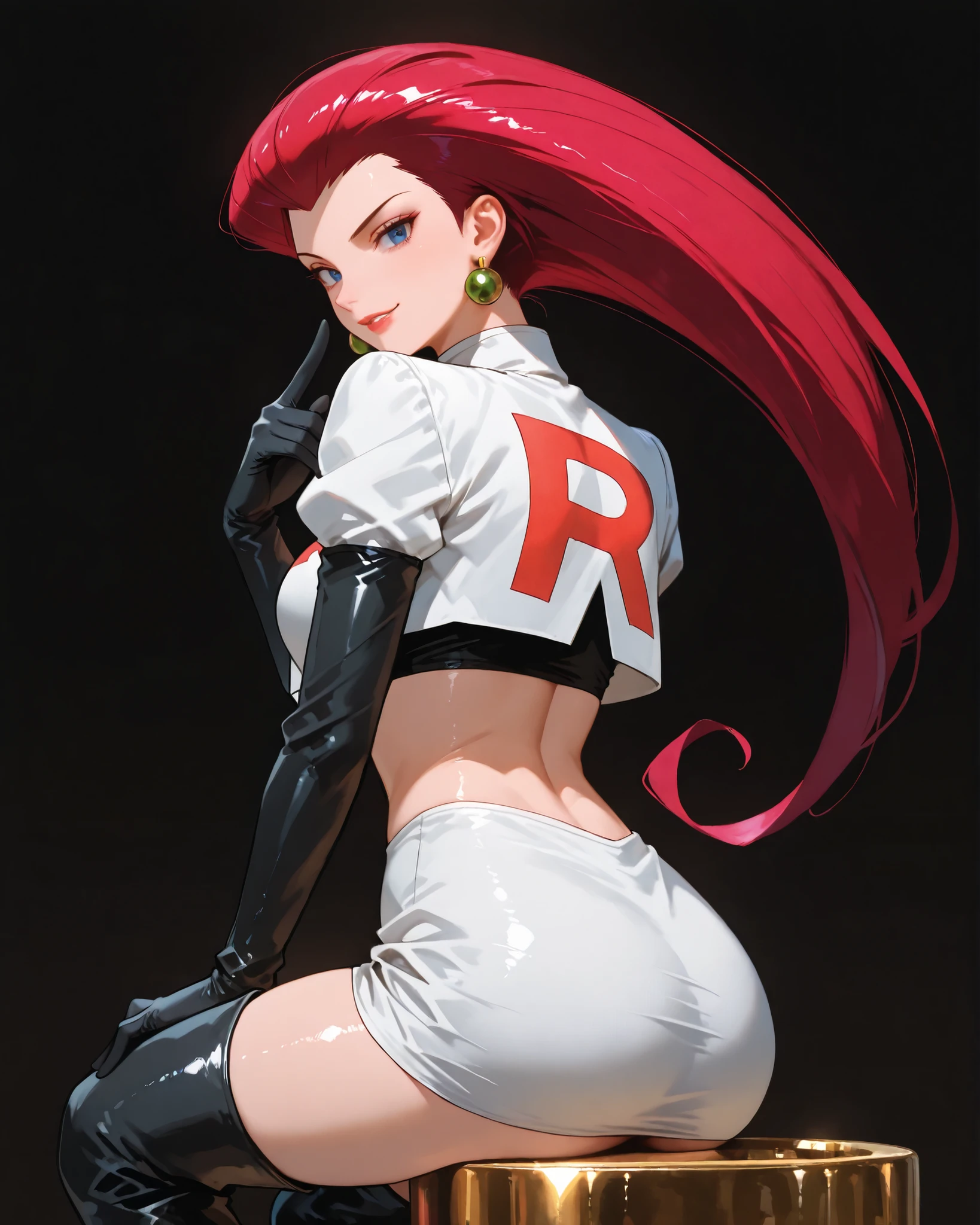 closeup, Sluisap, eyes、usnr、GBF_style、748cmstyle、32K、Semi-realistic、 super detailed description 、Artwork、Original Works、 detailed color、 detailed eyes、 detailed lips 、 The Greatest Masterpiece、Professional work、normal breast, Pokemon Character , Jessie, Jessie, (Jessie cosplay :1.3) sexy , cowboy shot, shiny body, full frame, full length, ( perfect fingers:1.3) , shiny body, perfect fingers:1.3, seductive pose , black background , dark background , wearing White cropped top with a large red “R” (Team Rocket logo), High-waisted white mini skirt, Long black gloves and thigh-high black boots, Black undershirt or midriff cover, Gold hoop earrings, smile, sitting, back view, looking over the shoulders toward the viewer, hairs open,