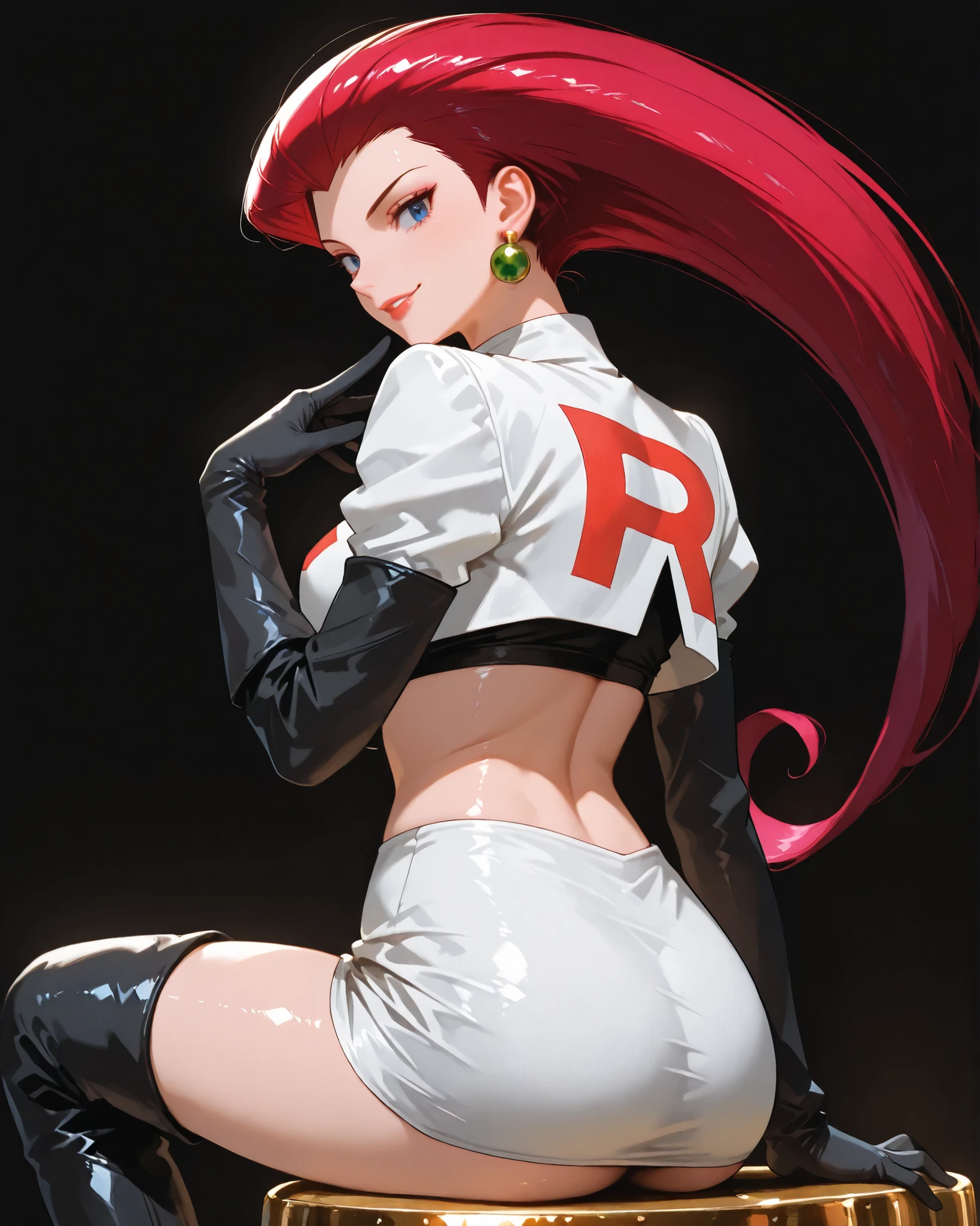 closeup, Sluisap, eyes、usnr、GBF_style、748cmstyle、32K、Semi-realistic、 super detailed description 、Artwork、Original Works、 detailed color、 detailed eyes、 detailed lips 、 The Greatest Masterpiece、Professional work、normal breast, Pokemon Character , Jessie, Jessie, (Jessie cosplay :1.3) sexy , cowboy shot, shiny body, full frame, full length, ( perfect fingers:1.3) , shiny body, perfect fingers:1.3, seductive pose , black background , dark background , wearing White cropped top with a large red “R” (Team Rocket logo), High-waisted white mini skirt, Long black gloves and thigh-high black boots, Black undershirt or midriff cover, Gold hoop earrings, smile, sitting, back view, looking over the shoulders toward the viewer, hairs open,