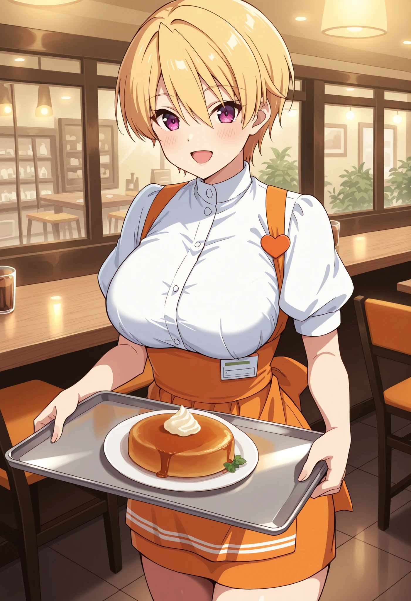 Score_9, score_8_up, score_7_up, source_anime, Haruki Azuma, solo, short hair, blonde hair, shiny hair, hair between eyes, bangs, purple eyes, large breasts, (best quality), (high quality), {masterpiece}, extremely delicate and beautiful, ultra-detailed, beautiful detailed eyes, anna miller, waitress, white shirt, short sleeves, puffy sleeves, orange suspender skirt, high-waist skirt, waist orange apron, name tag, restaurant, indoor, holding silver tray, smile, open mouth, standing
