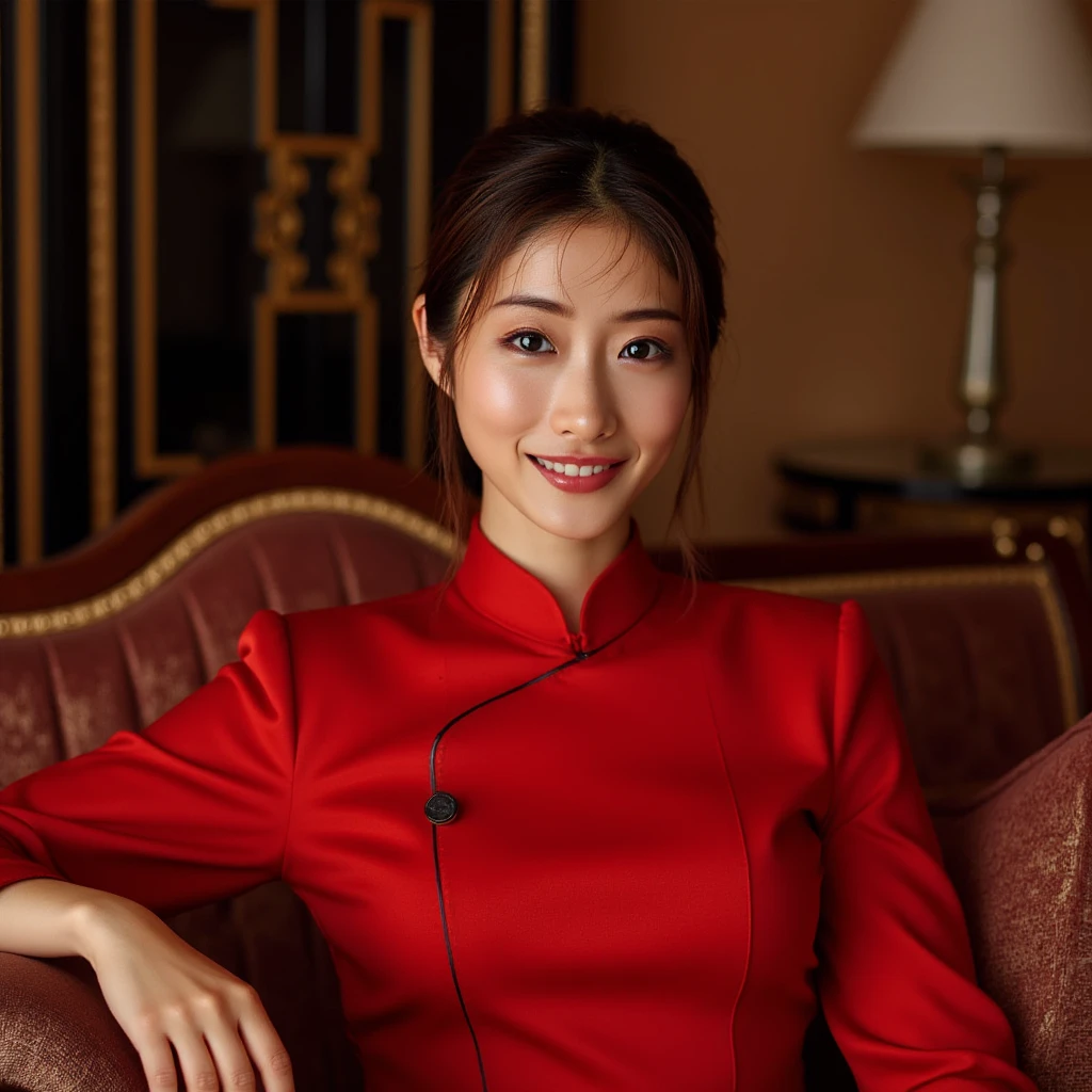 (RAW Photos:1.2)、 (Realistic:1.4),(D cup breasts),Thick legs、alone、(Light Red Silk_blouse:1.5),(Grey pencil skirt:1.5),(Knee-length skirt:1.8)、(Pearl_Earrings:1.3),Jewelry Necklace Short Hair,black eye、(Dimly lit luxury boutique:1.8)、(Looking at the audience:1.2)、Beautiful Japanese Women, Very detailed,High resolution, Very detailed,highest quality,Raise your consciousness,Unified,8k wallpaper,masterpiece,highest quality,1 female,alone,rich,Whole Body Ezbian,(A kind smile:1.5)、(Full body photo:1.8)、sitting on the sofa with legs together、Black pumps、Wooden floor、chandelier、Upright