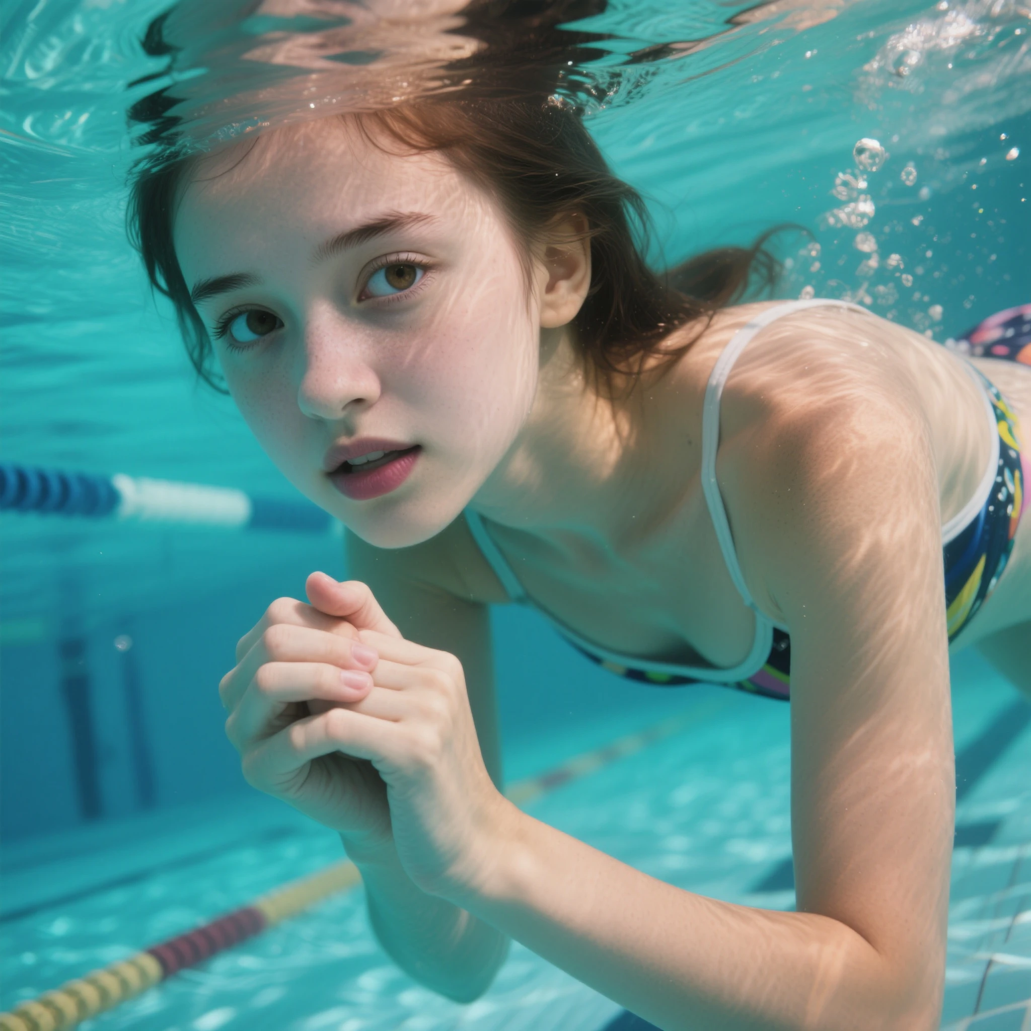 Teenage Girl With her one piece swimsuit in pool from school Swimsuit underwater 