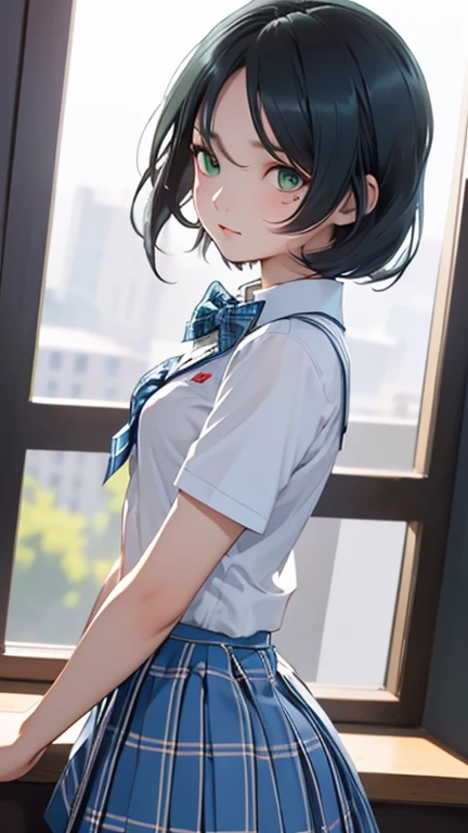 One girl, sexy, cute, Medium length black hair, blue eyes, , White top, Black Skirt, classroom, High resolution, Super sharp, 8k, masterpiece, View your viewers,Big Breasts