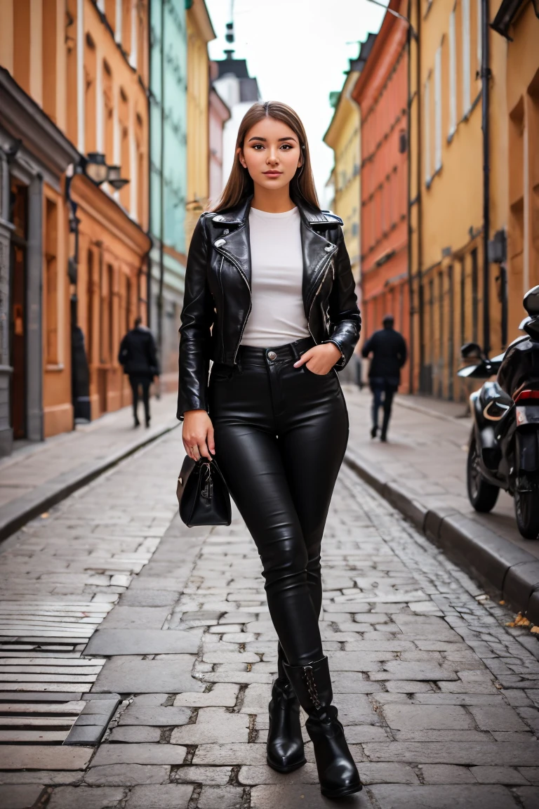 1 beautiful woman, young, american girl, slightly looking away from camera, dressed chic, leather pants, walking at an angle, realistic