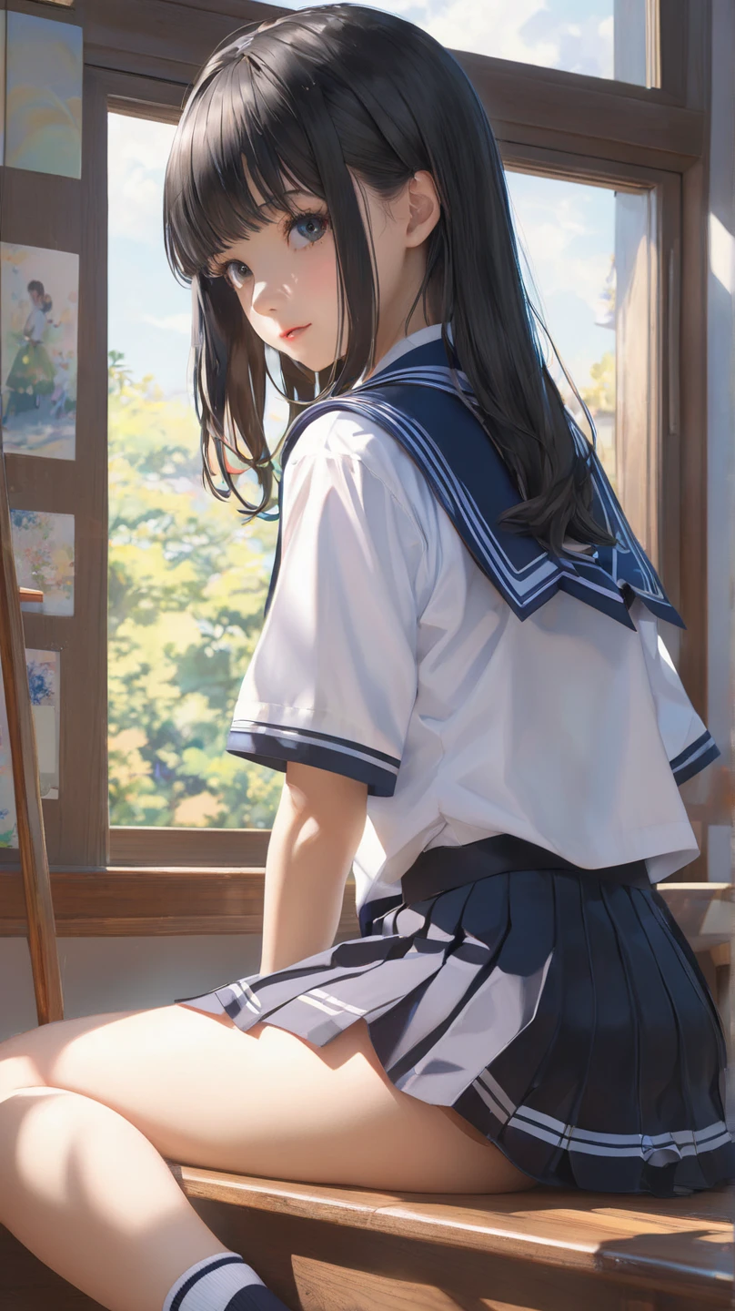 lighting like a movie、top-quality、Schoolgirl back、a sailor suit、school classrooms、turned around、full of sweat、(A dark-haired)、Changing clothes、Light blue panties、