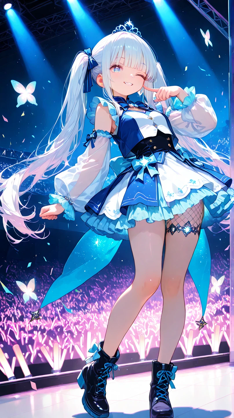 Whole BodyEsbian、Standing picture,full-body shot,a girl,((((white or black pantyhose))))、((Wear sneakers)),blue swimsuit bikini,seabed,dolphin,shell,Crab,an octopus,treasure chests,beach,There is a pair of large wings behind him,There are many ornaments hanging on the body,Trident in hand,jewelry,Blue and white hair,short sleeves,Off the shoulders,There is a gem inlaid on the forehead,blue bow,Swimming rings,heterochromatic pupils,Double tail,shy,blush,,masterpiece,Top image quality,top quality,A big gem is embedded in the chest,super long hair,animal ears,white hair,exquisite eyes、beautiful girl、Plump cheeks,ribbon、kawaii、loli、leg rings,with headphones,cute big breasts,