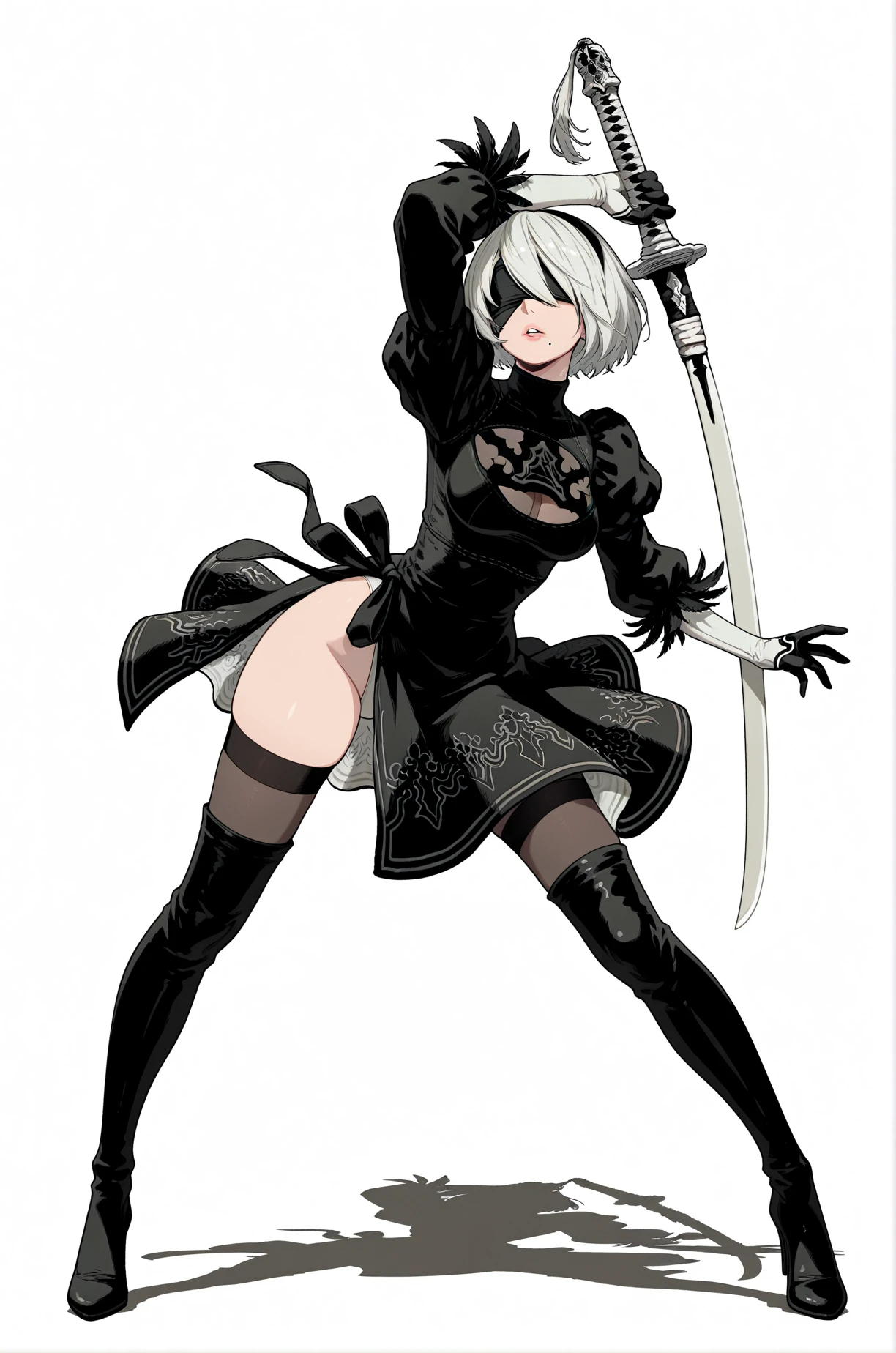 (masterpiece, best quality)), ((((perfect anatomy)))), Caucasian android woman with short silver hair, ((elaborate black dress)) (((white high cut leotard))), big butt, black eye-band, white and black gloves, digital black pattern background, ((((realistic art style, 50's pinup art))))