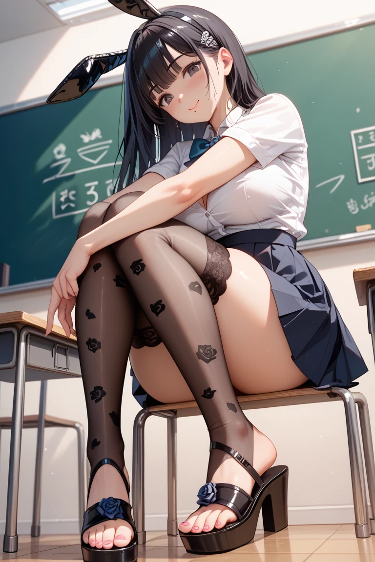 ((Correct Anatomy)),(Female student),((school uniform)),((Sailor suit)),((White lace panties)),(Mini Pleated Skirt),(((black tights))),Ultra-high resolution,Mature Woman, Mature Woman, Very detailed,Sunburned skin,Brown Skin,((Beautiful feet)),(Big Breasts),((Beautiful legs)),Perfect hands, Detailed fingers, Beautiful details, ((Long Hair)),((ponytail)),Black Choker, Earrings,loafers,Glasses,Embarrassing,Perfect Eyes, Captivating eyes,(School)