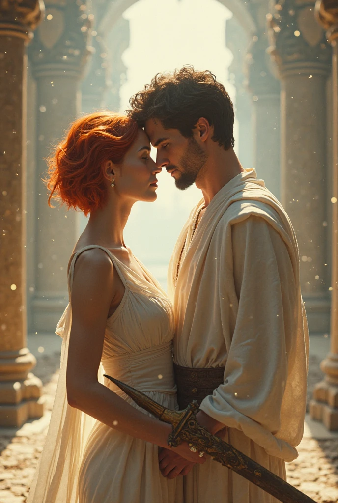Red-haired Greek woman with dark blue eyes and her red-haired Greek brother with blue eyes smoking while sitting on the edge of a temple