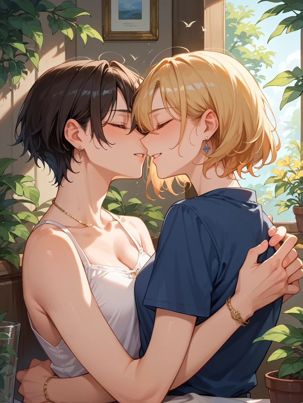 He saw,Android 18,Tabletop, Highest quality,shape, wallpaper, Very detailed, Absurd beauty、(Hotel Rooms)、((Two、))、(((kiss)))、(blonde、Medium Hair、short hair、Very large breasts)、close your eyes、White T-shirt、Off the shoulder、Shyness
